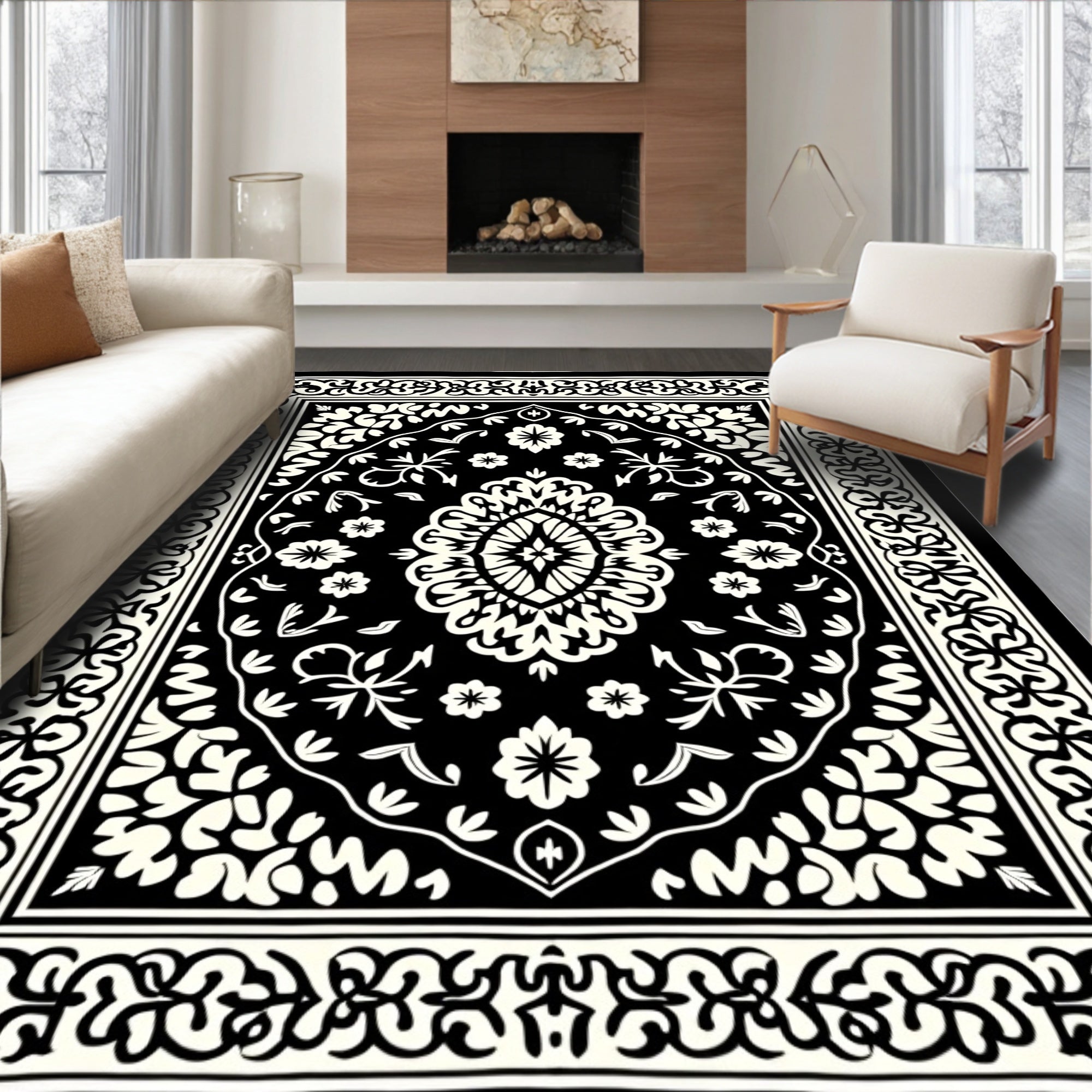 Classic Black White Floral Medallion Rug