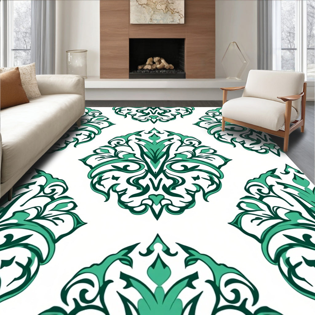 Emerald Green Damask Pattern Rug