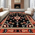 Ornate Black Geometric Floral Pattern Rug