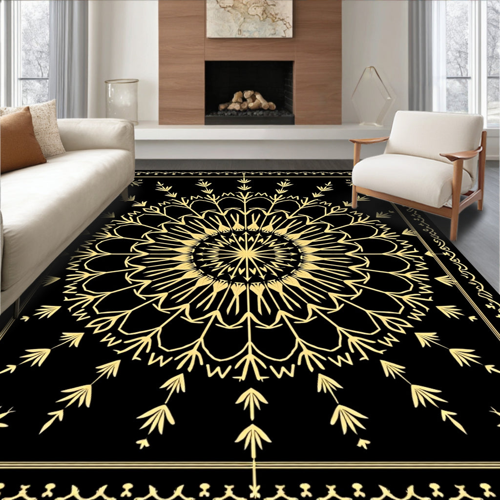 Golden Black Mandala Floral Border Rug