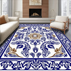 Intricate Blue Brown Floral Medallion Design Rug