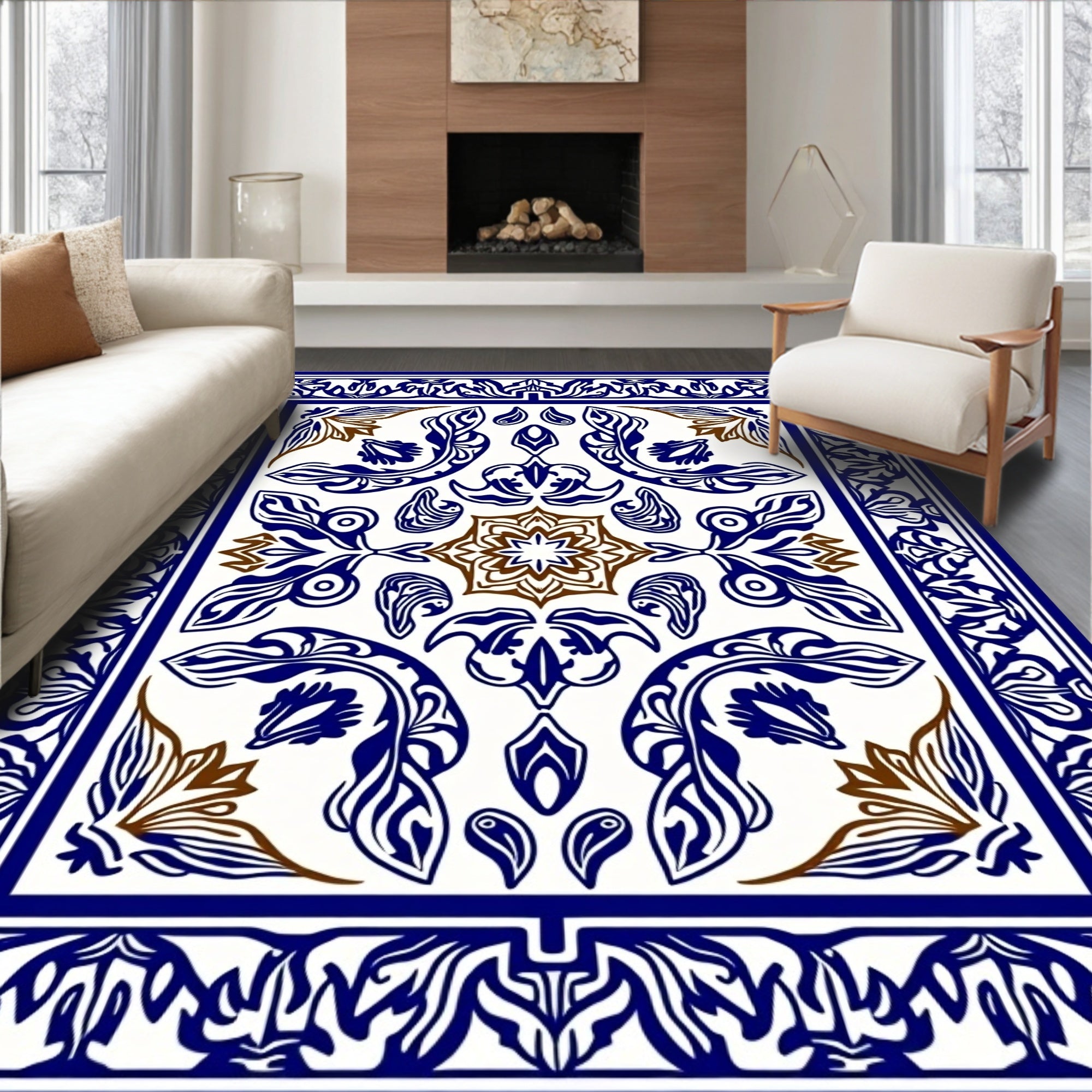 Intricate Blue Brown Floral Medallion Design Rug