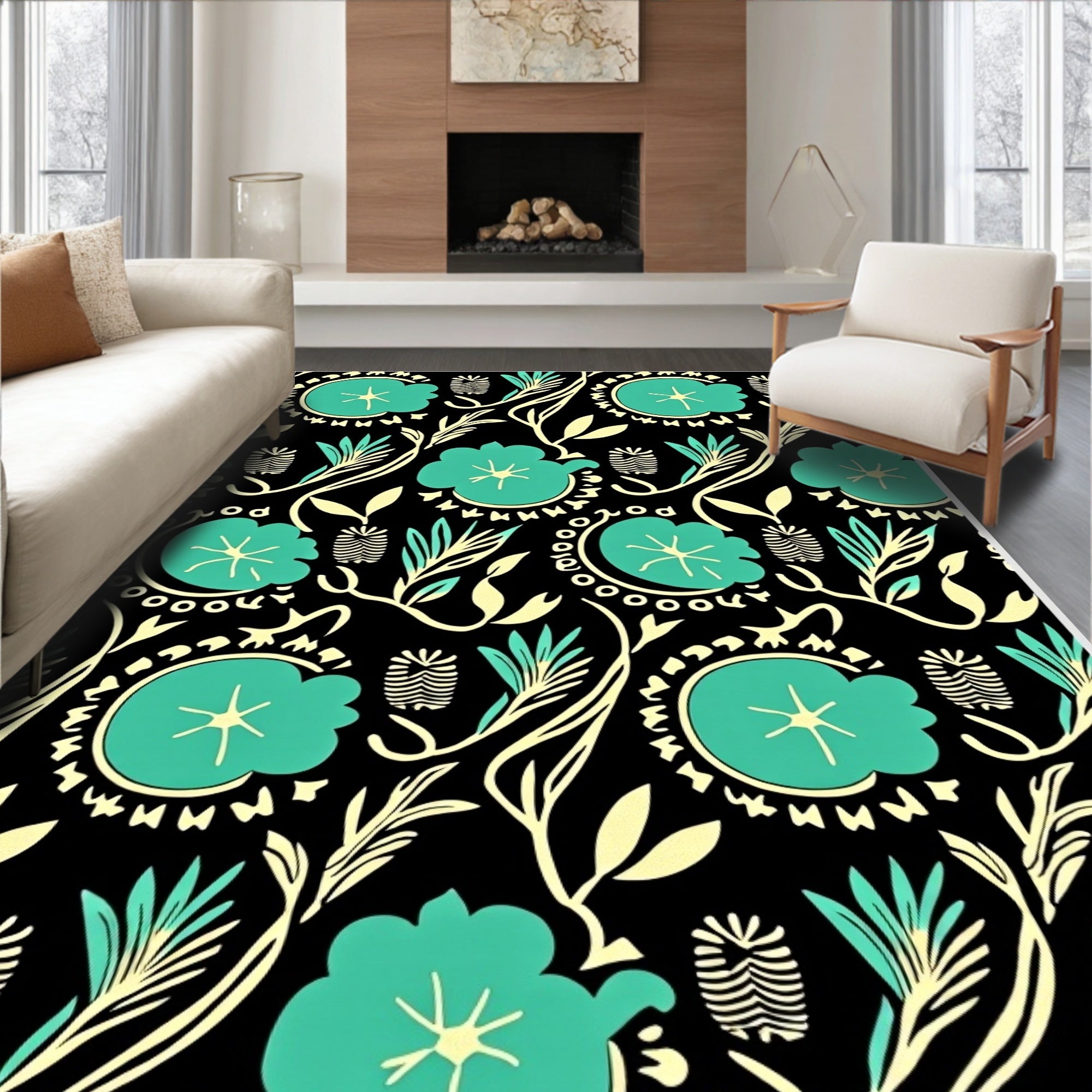 Teal Floral Vine Pattern Rug