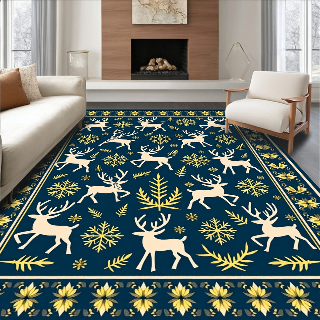 Deep Blue Reindeer Snowflake Border Rug
