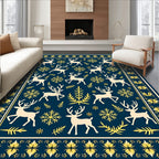 Deep Blue Reindeer Snowflake Border Rug