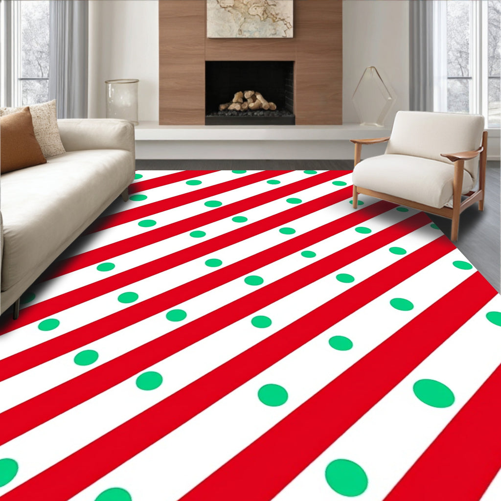Red White Diagonal Stripe Polka Dot Rug