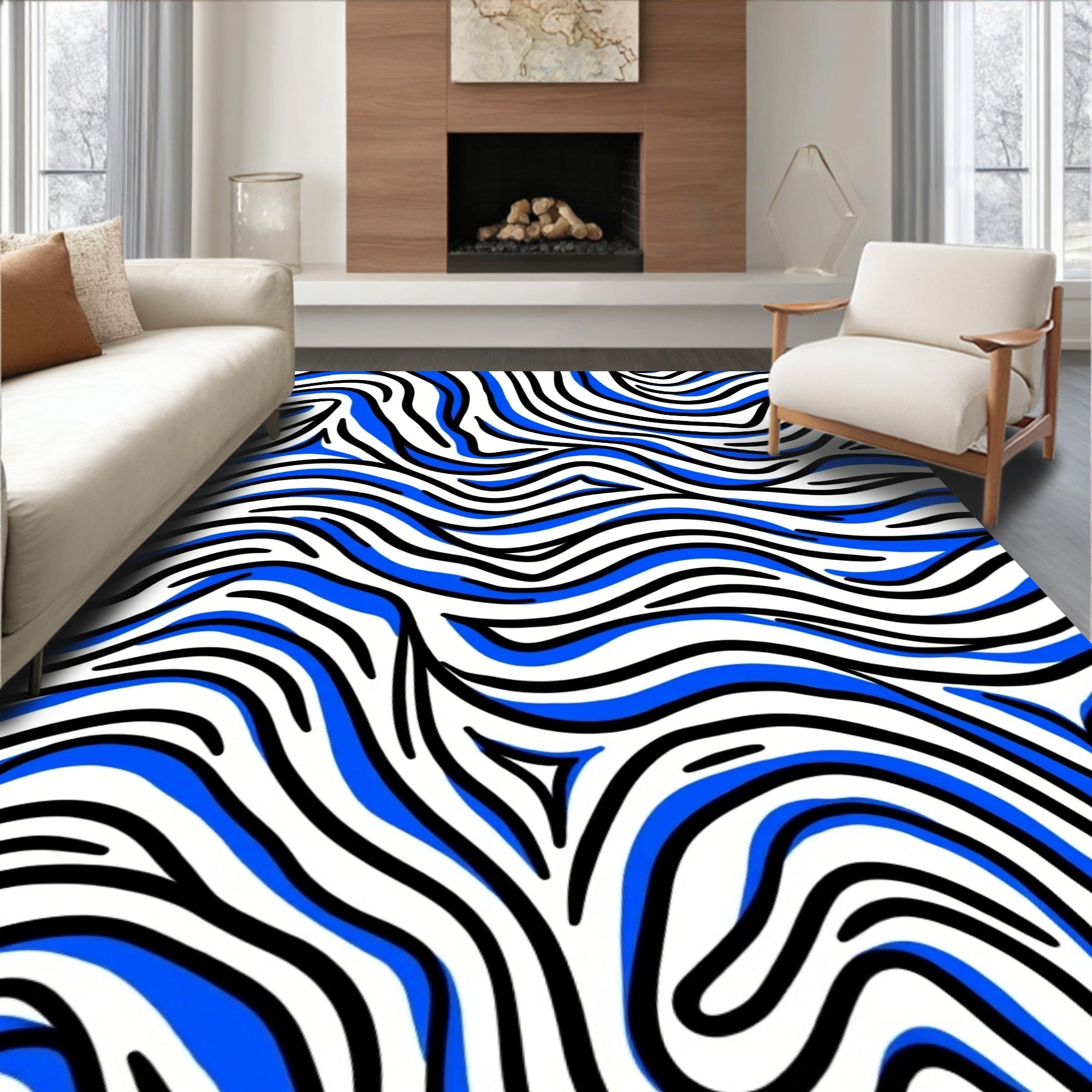 Bold Blue Black Wavy Stripes Rug