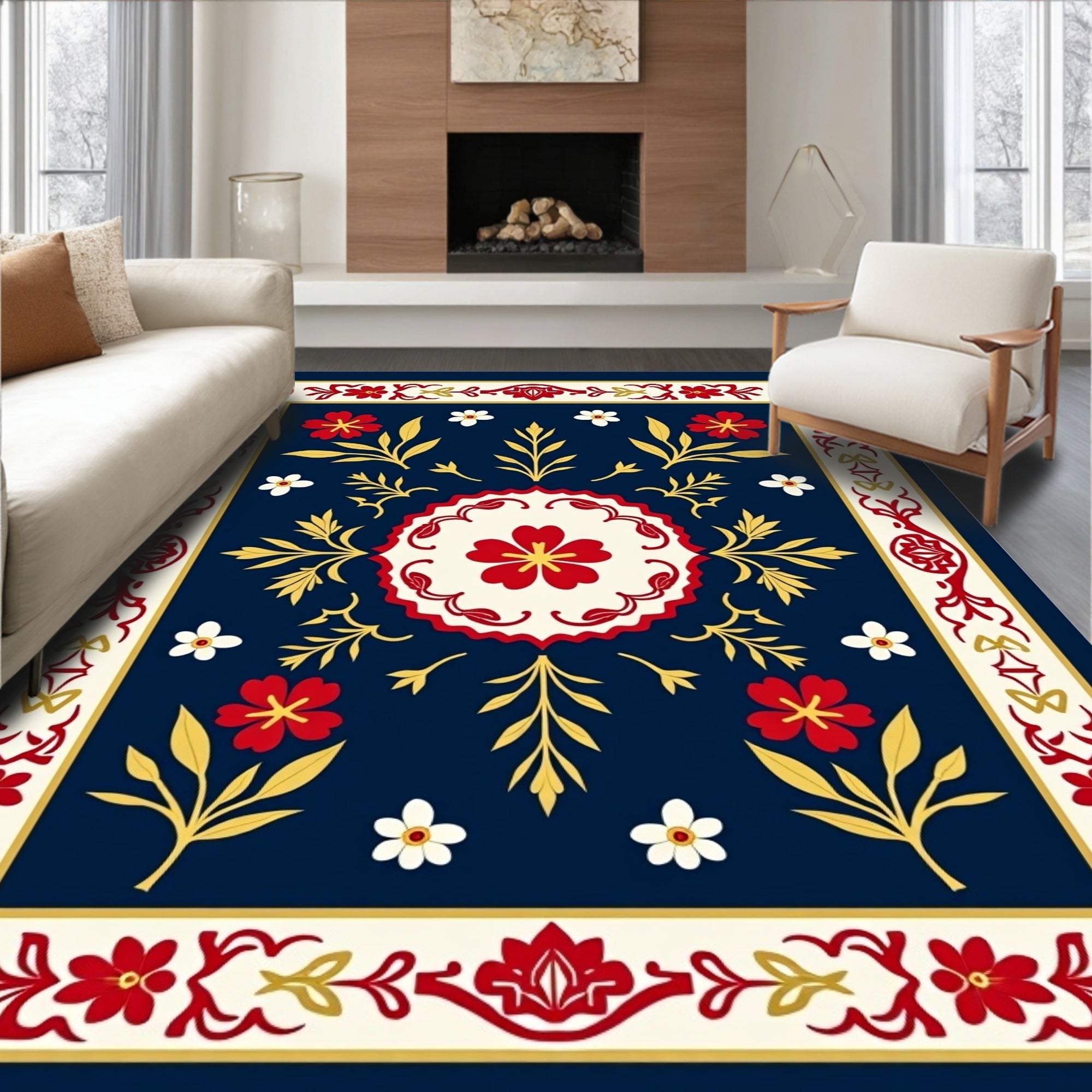 Folk Floral Medallion Navy Rug