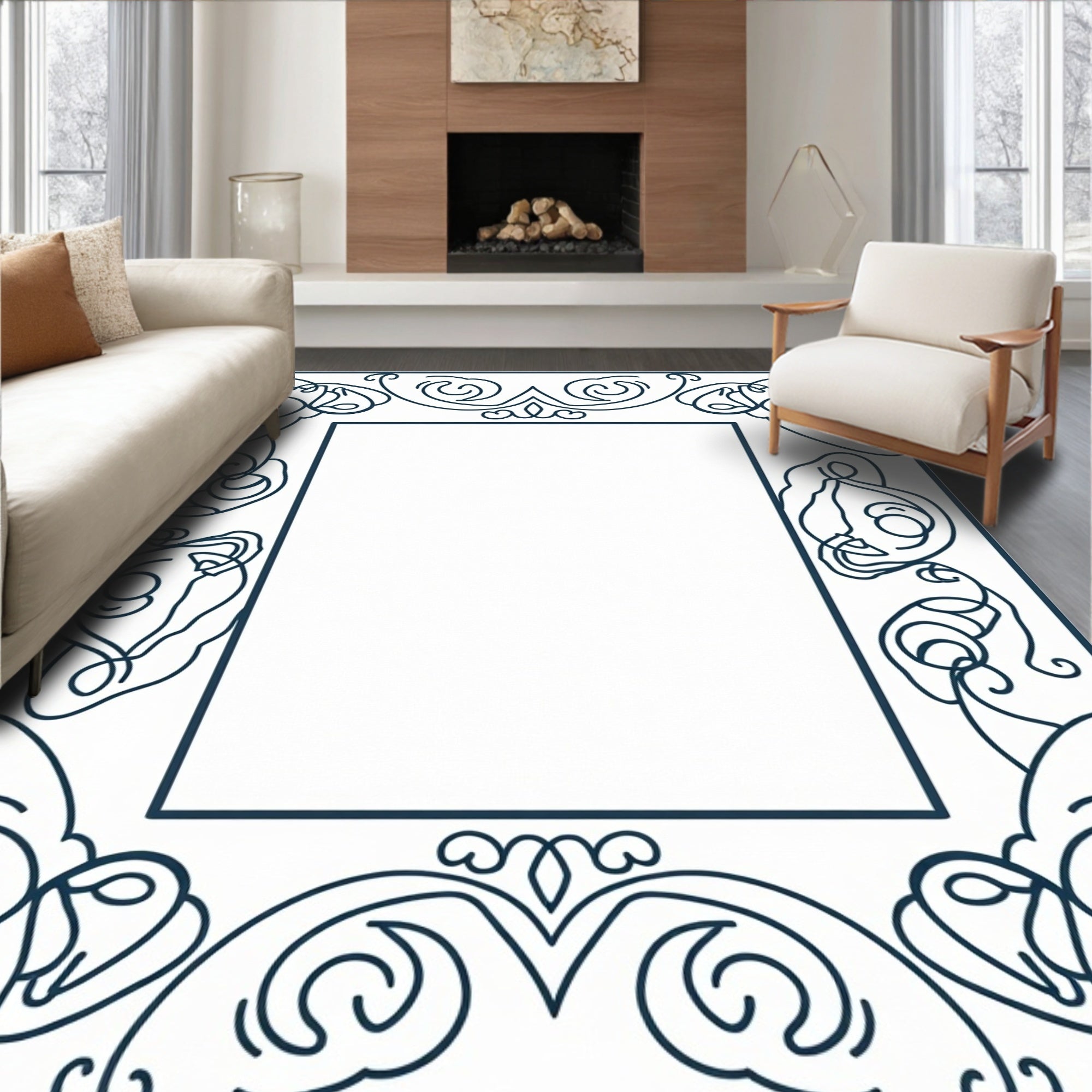 Elegant Abstract Scrollwork Border Design Rug
