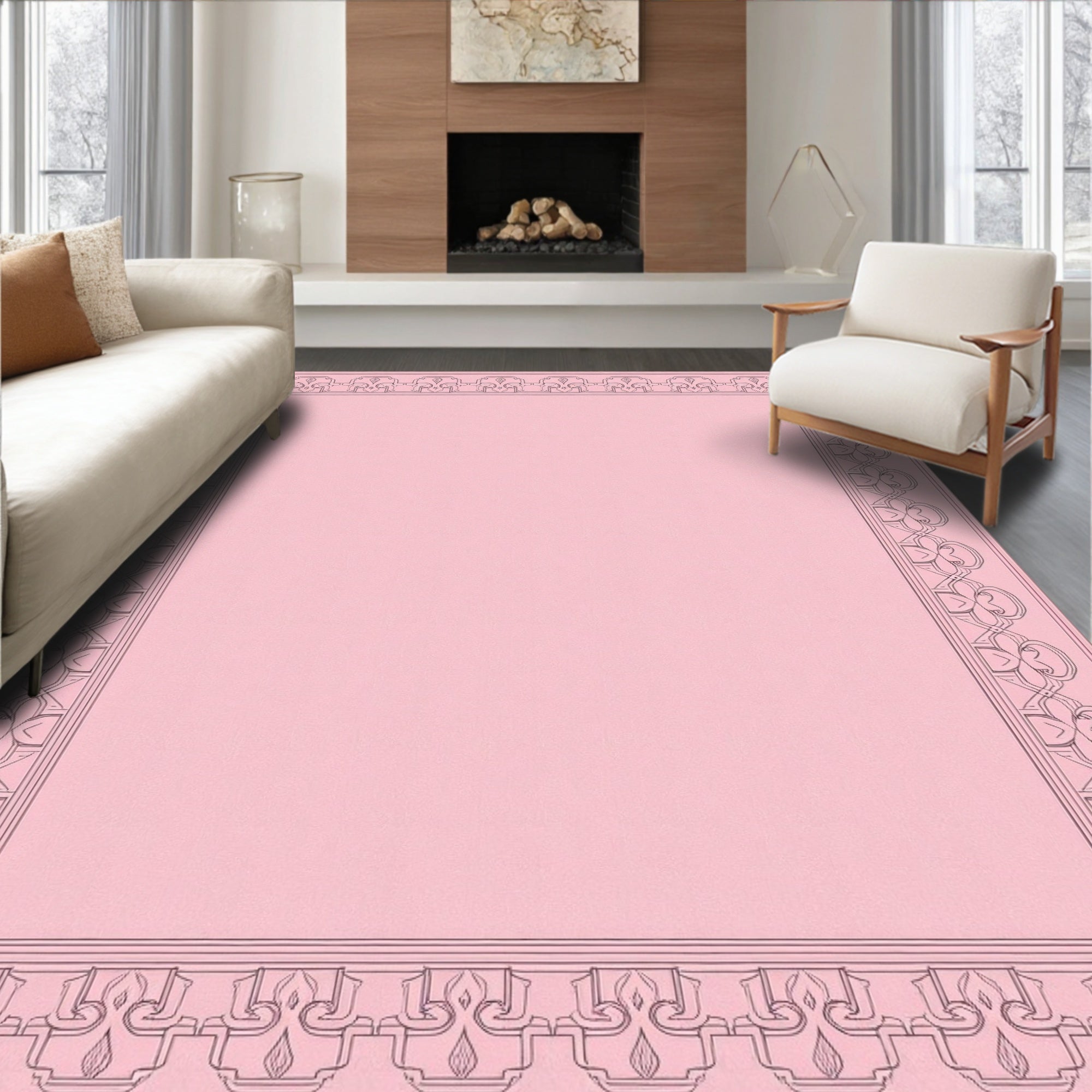 Pink Ornate Floral Border Design Rug