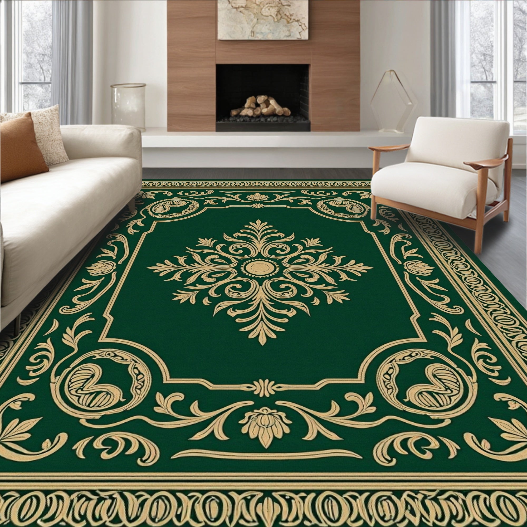 Emerald Green Gold Ornate Floral Rug