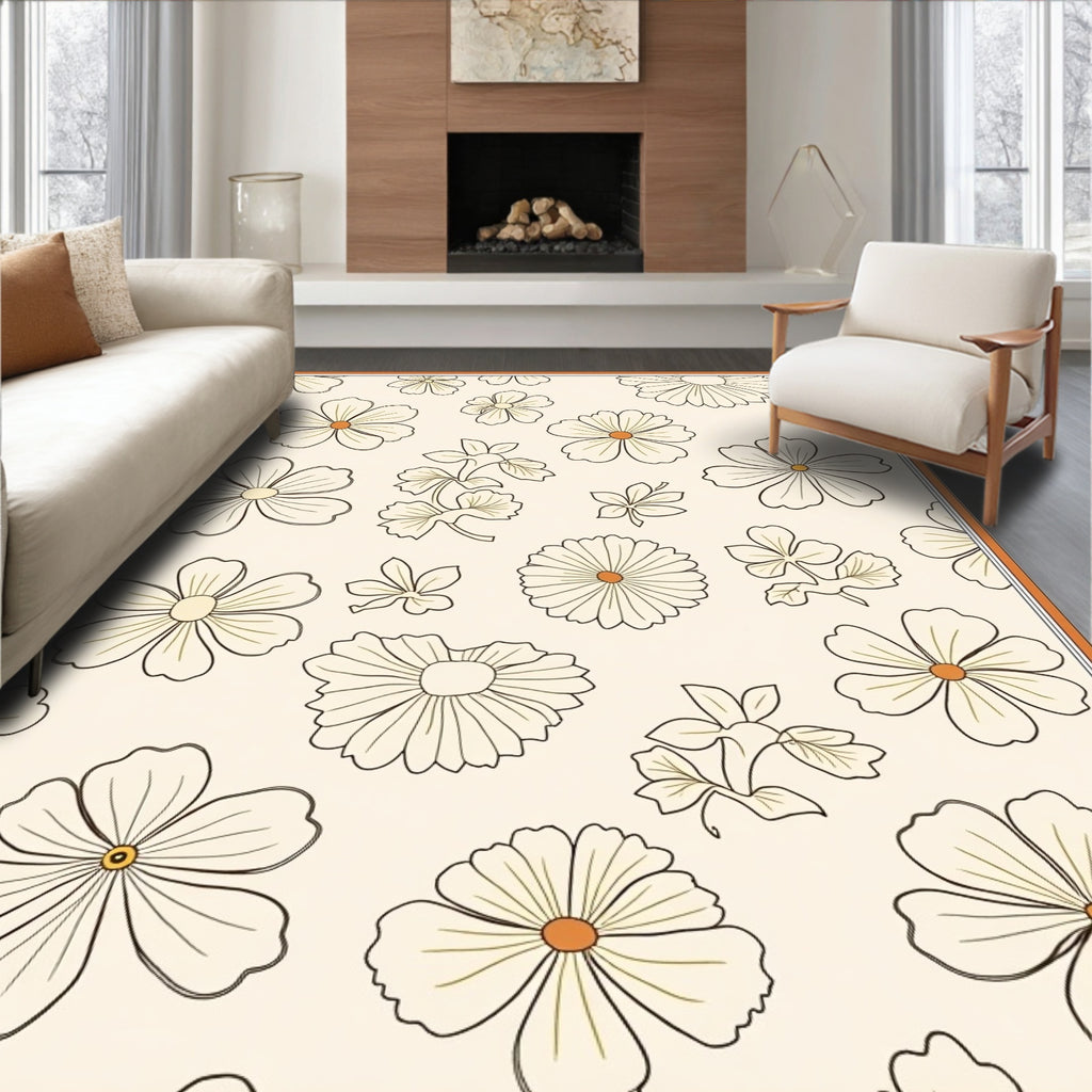 Whimsical Floral Cream Outline Art Rug
