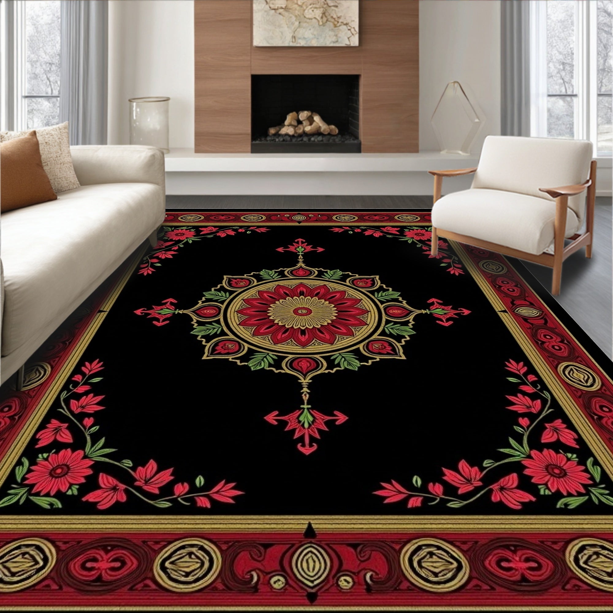 Rich Red Floral Medallion Border Rug
