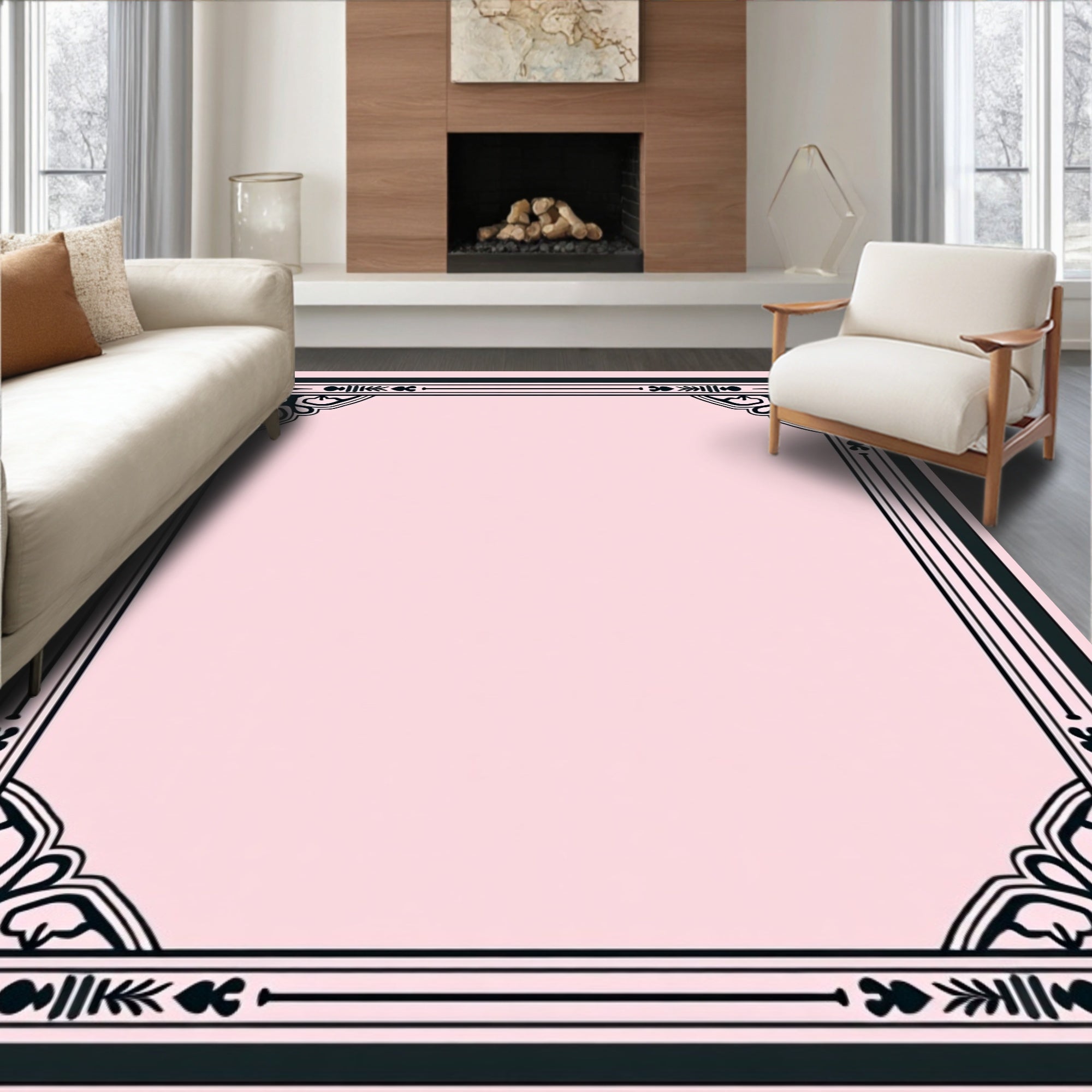 Elegant Black Pink Floral Border Design Rug