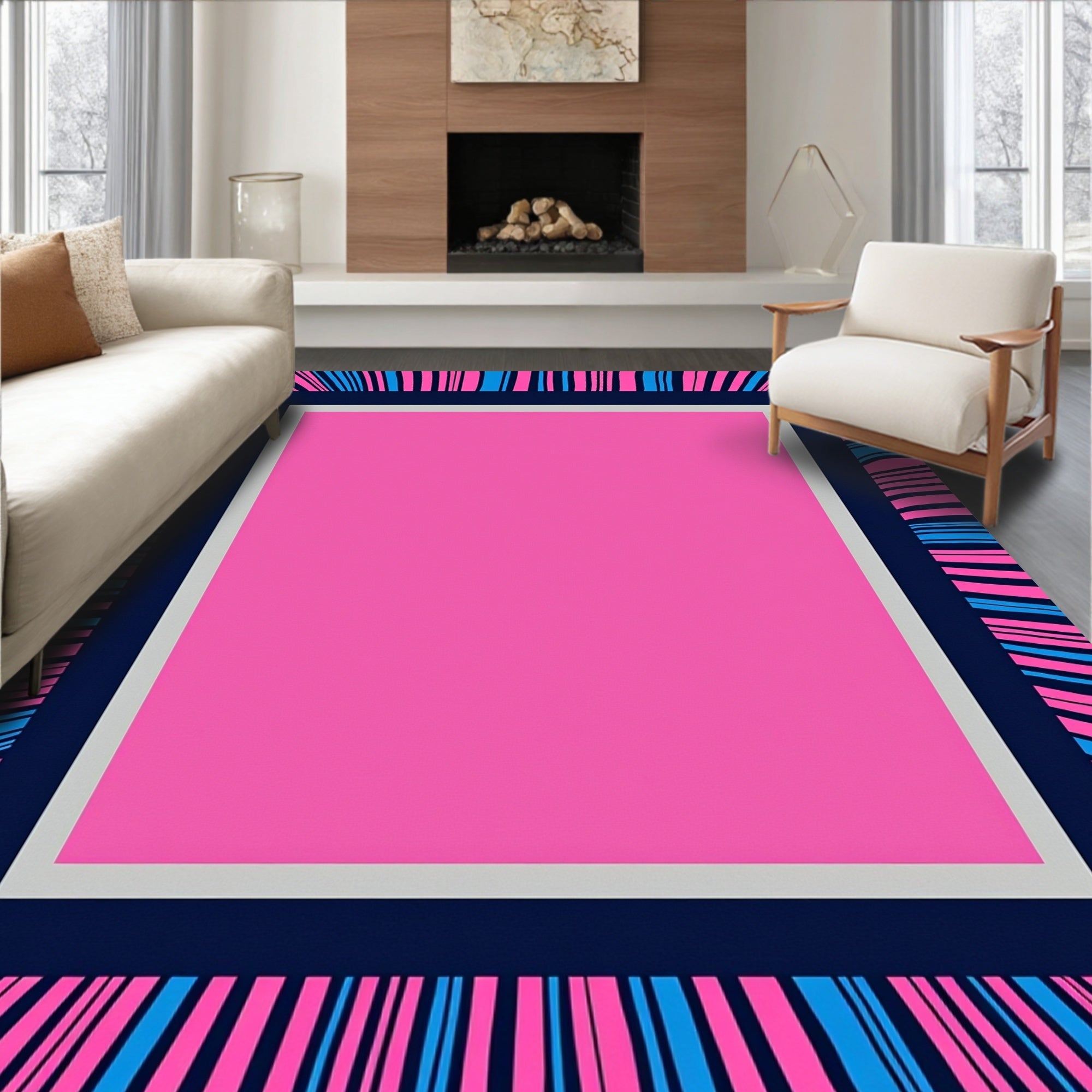 Abstract Pink Blue Striped Design Rug