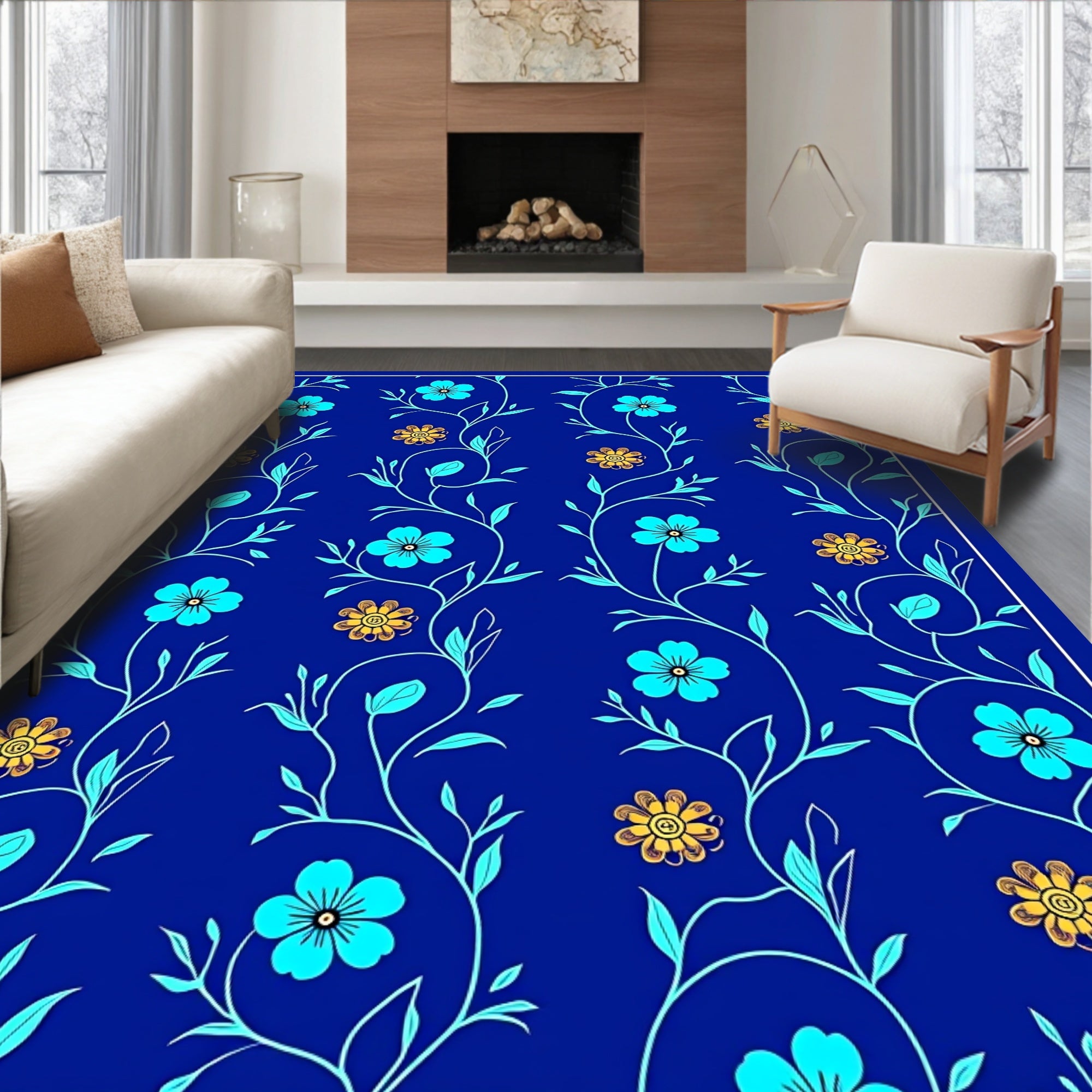 Blue Floral Vine Pattern Rug