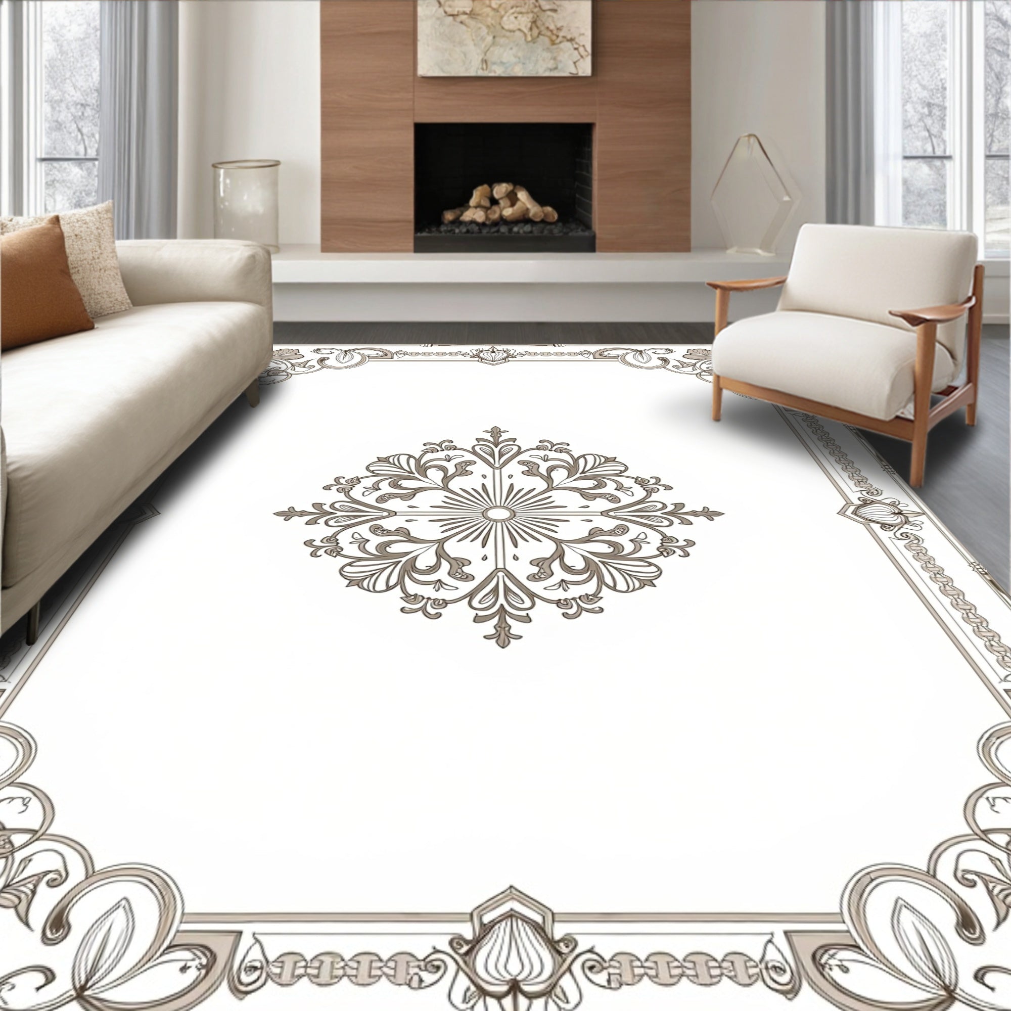 Ornate Floral Scrollwork Border Design Rug
