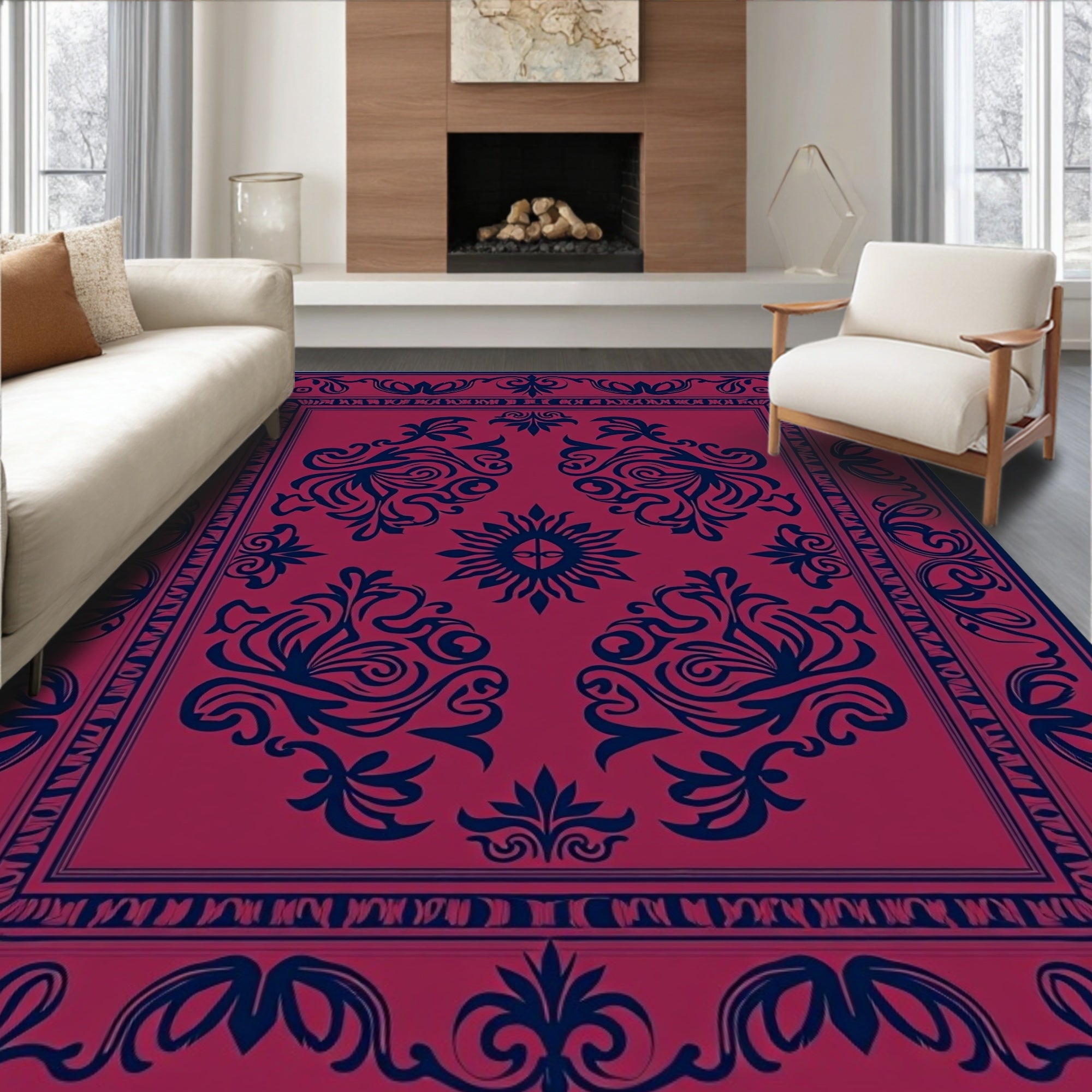 Elegant Dark Blue Floral Swirl Rug