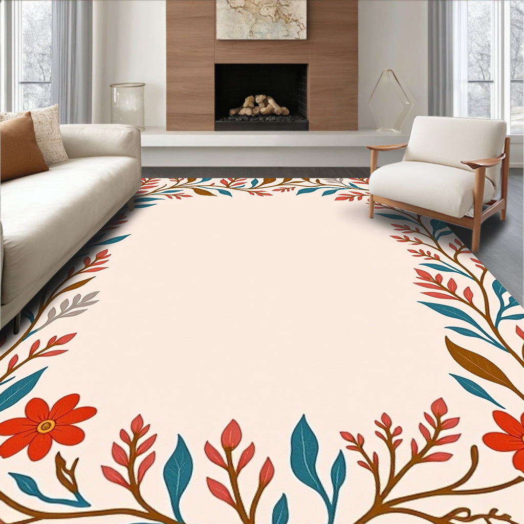 Whimsical Red Floral Vine Border Rug