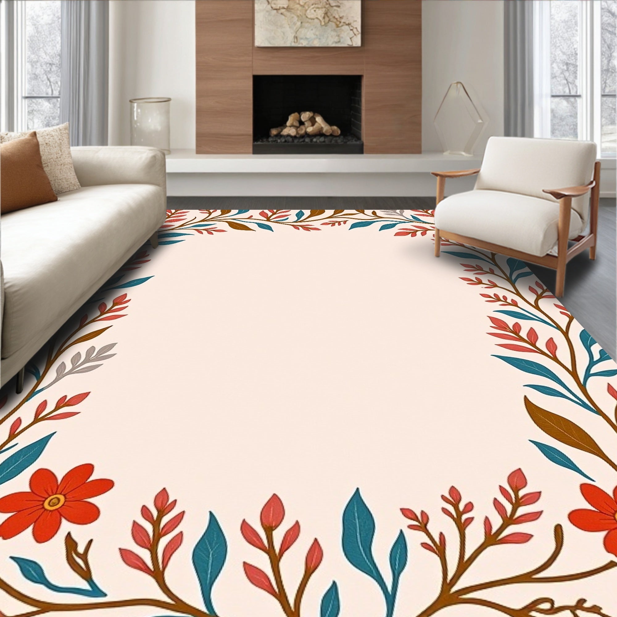 Whimsical Red Floral Vine Border Rug