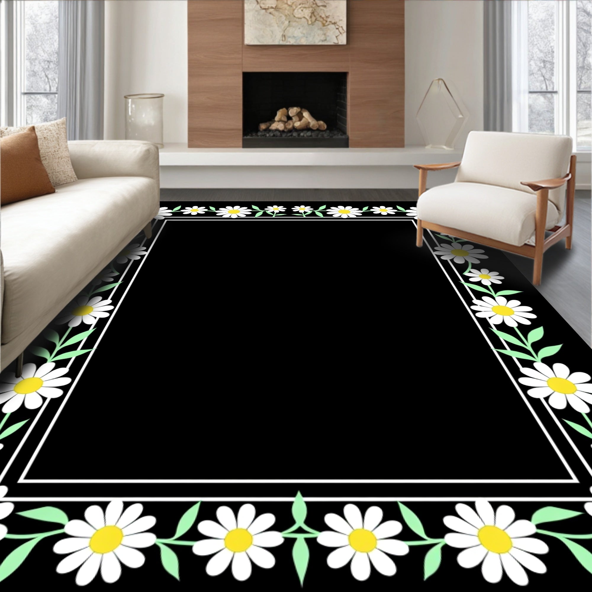Daisies and Leaves Border Design Rug