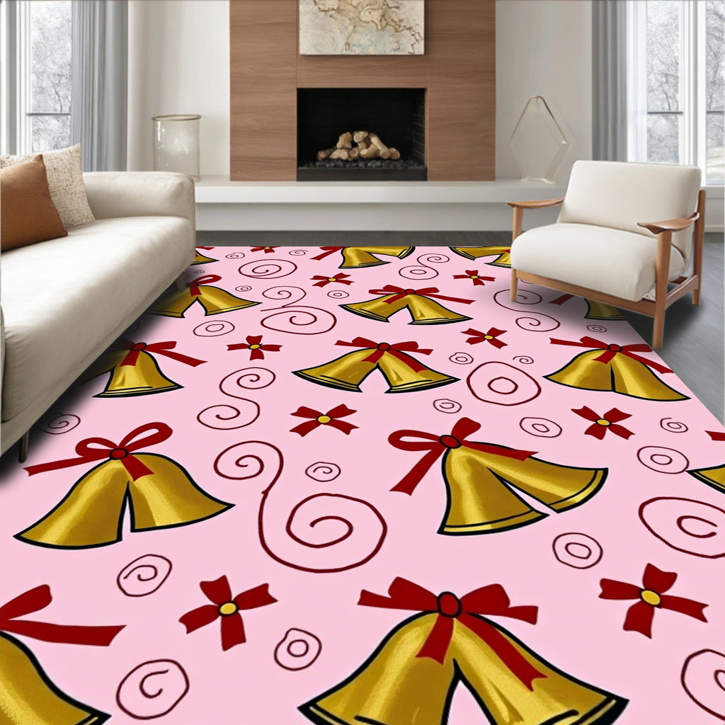 Golden Bells With Red Ribbons Pink Rug
