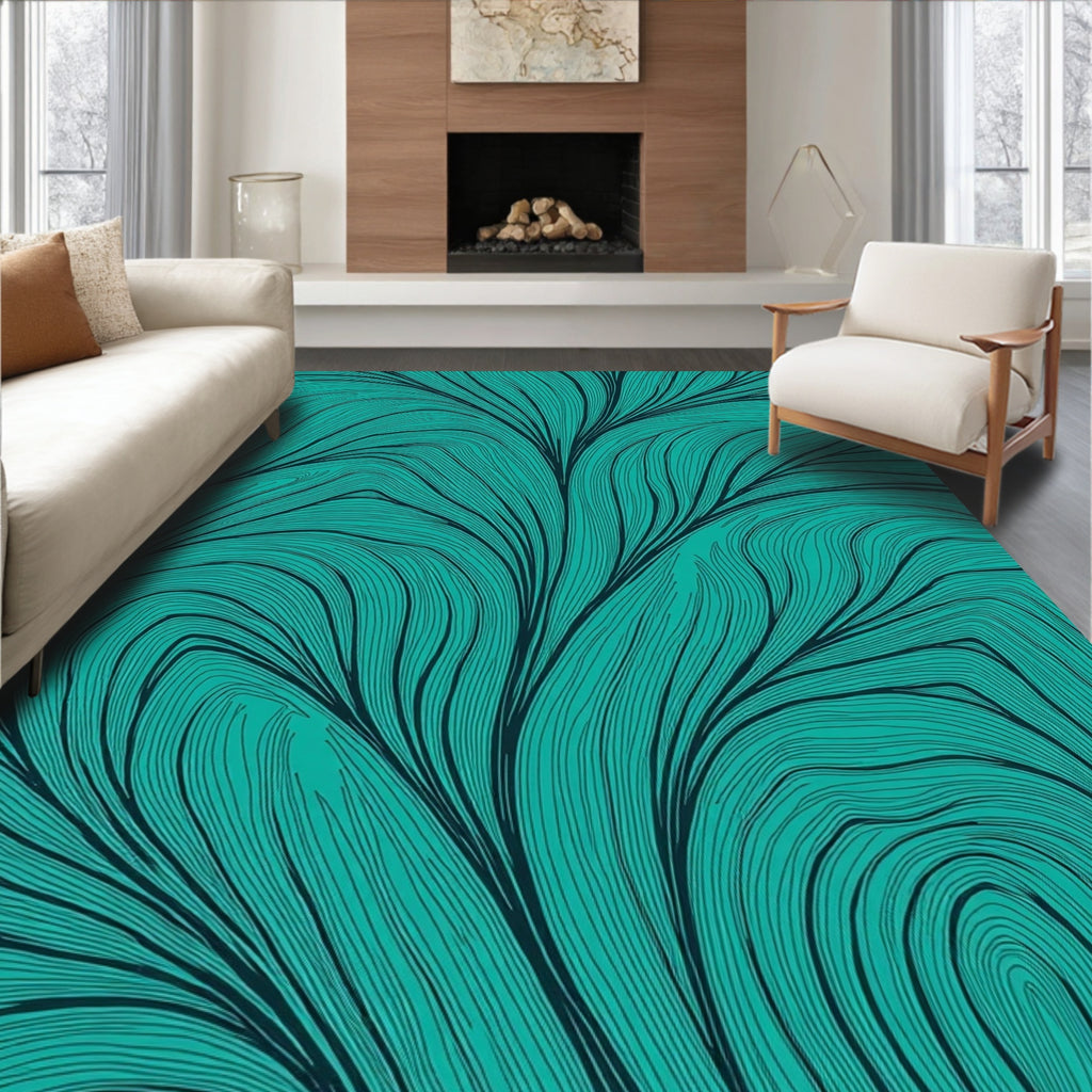 Abstract Teal Wavy Line Design Rug
