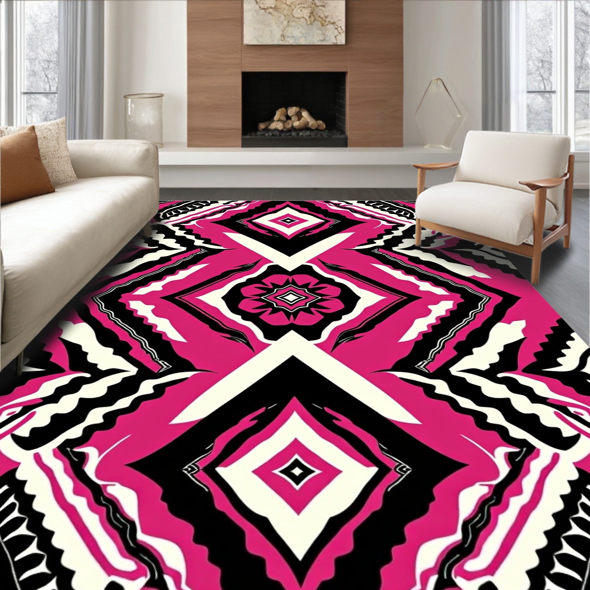 Bold Pink Black White Geometric Pattern Rug