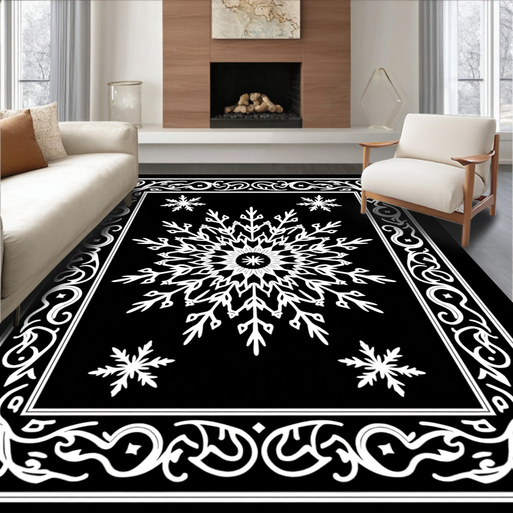 Intricate Snowflakes on Black Background Rug