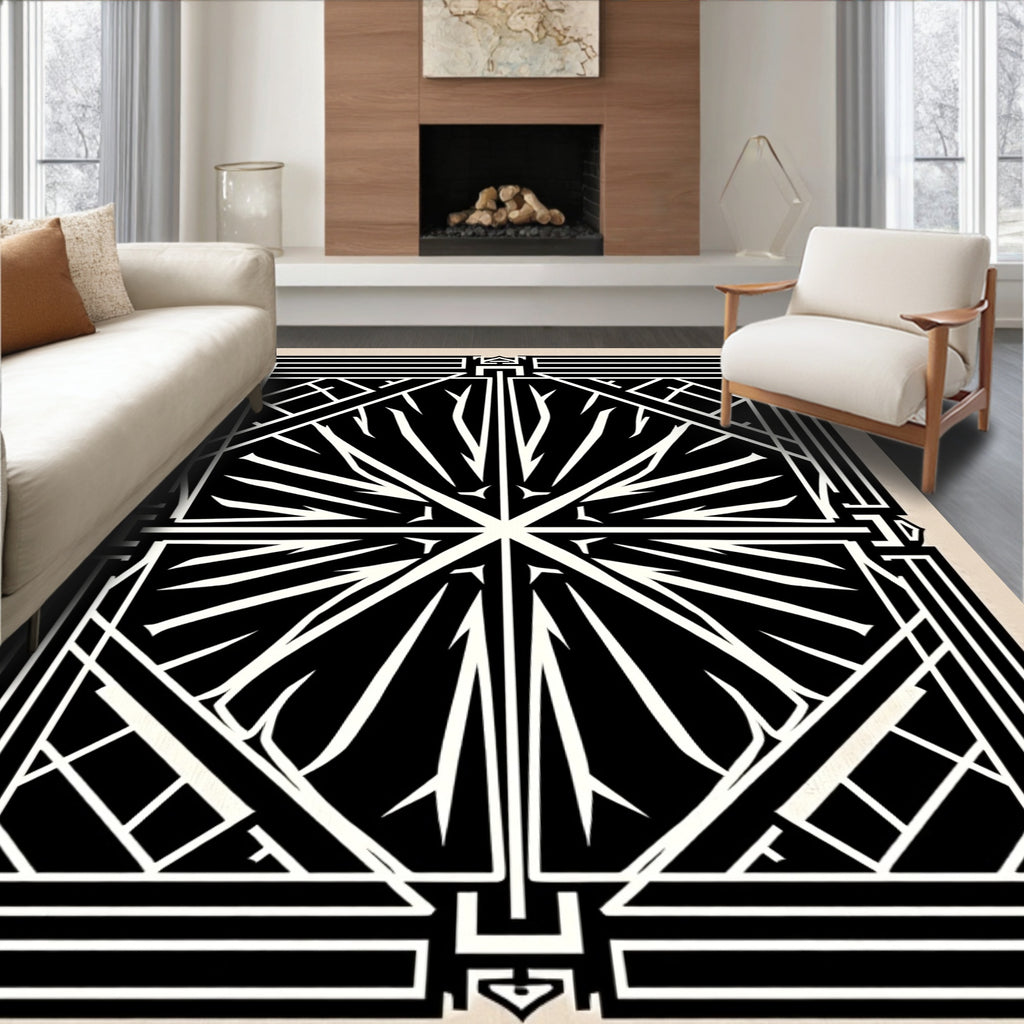 Art Deco Black White Geometric Pattern Rug