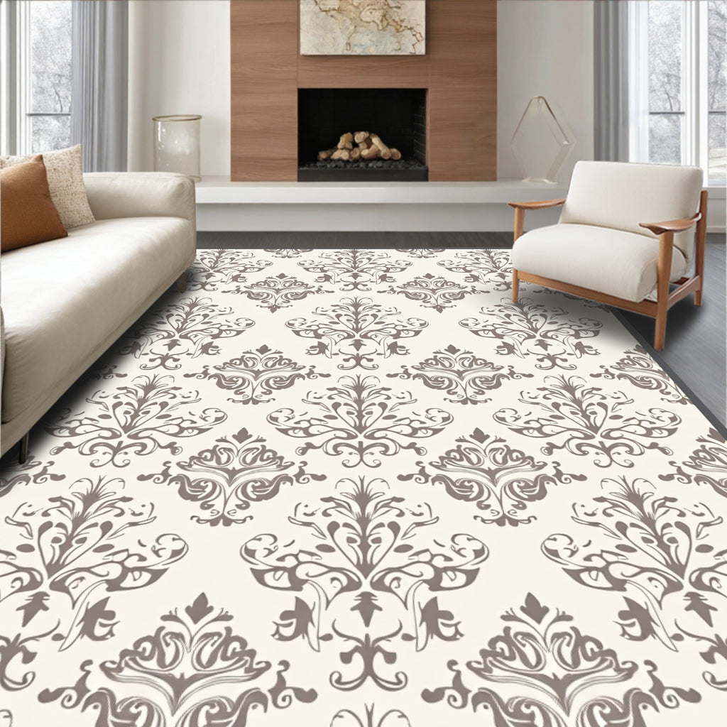 Classic Beige Damask Patterned Rug