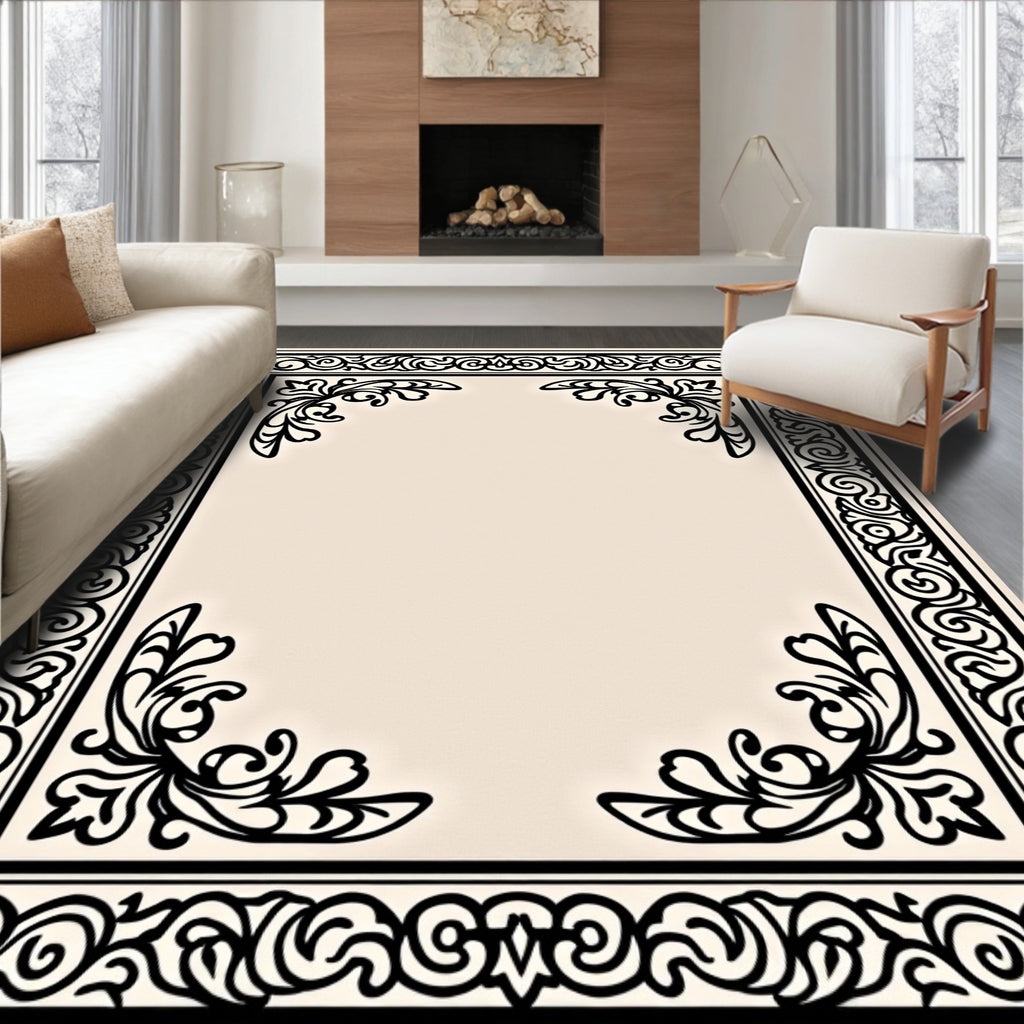 Ornate Black Floral Scrollwork Rug