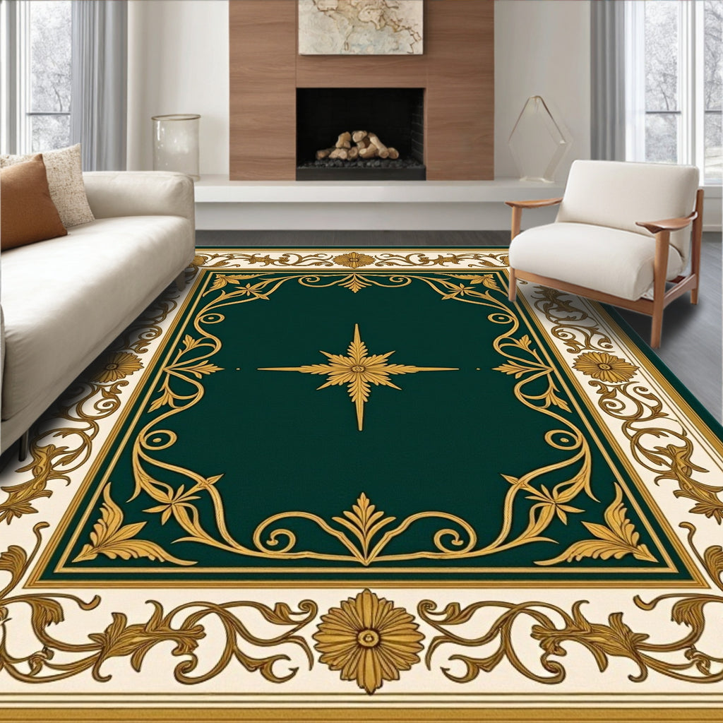 Ornate Floral Green Gold Border Rug