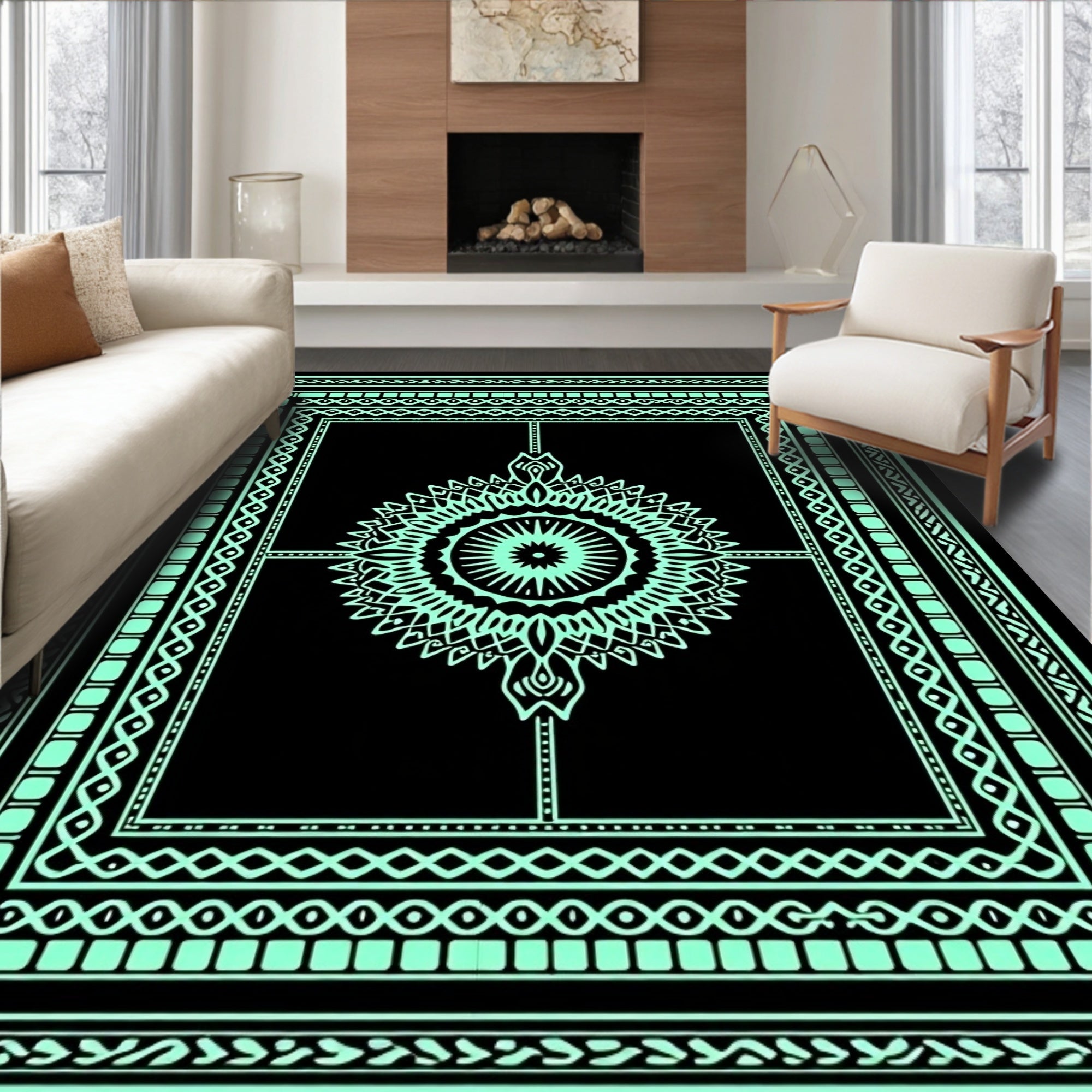 Ornate Teal Mandala Geometric Rug