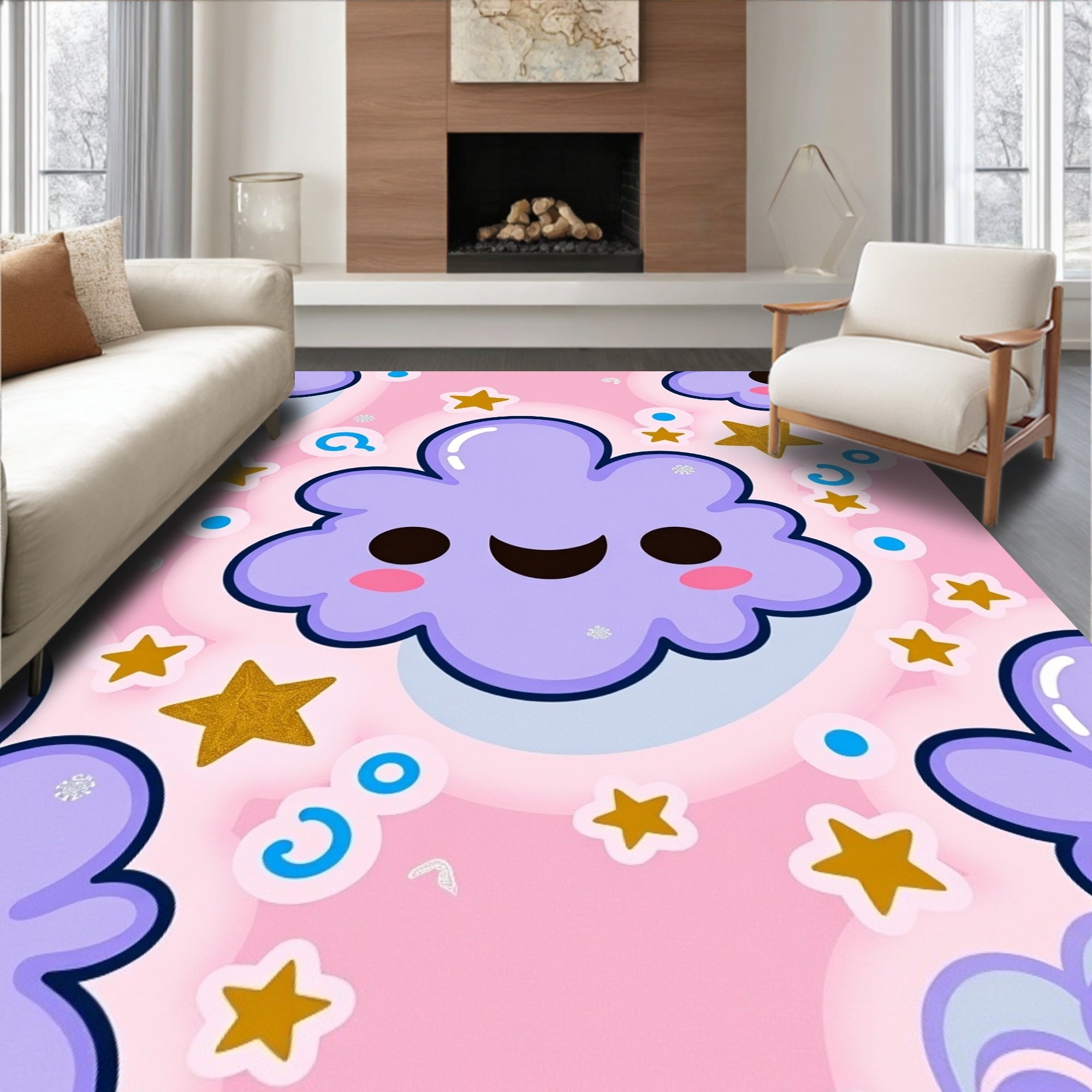 Kawaii Cloud and Star Pattern Rug