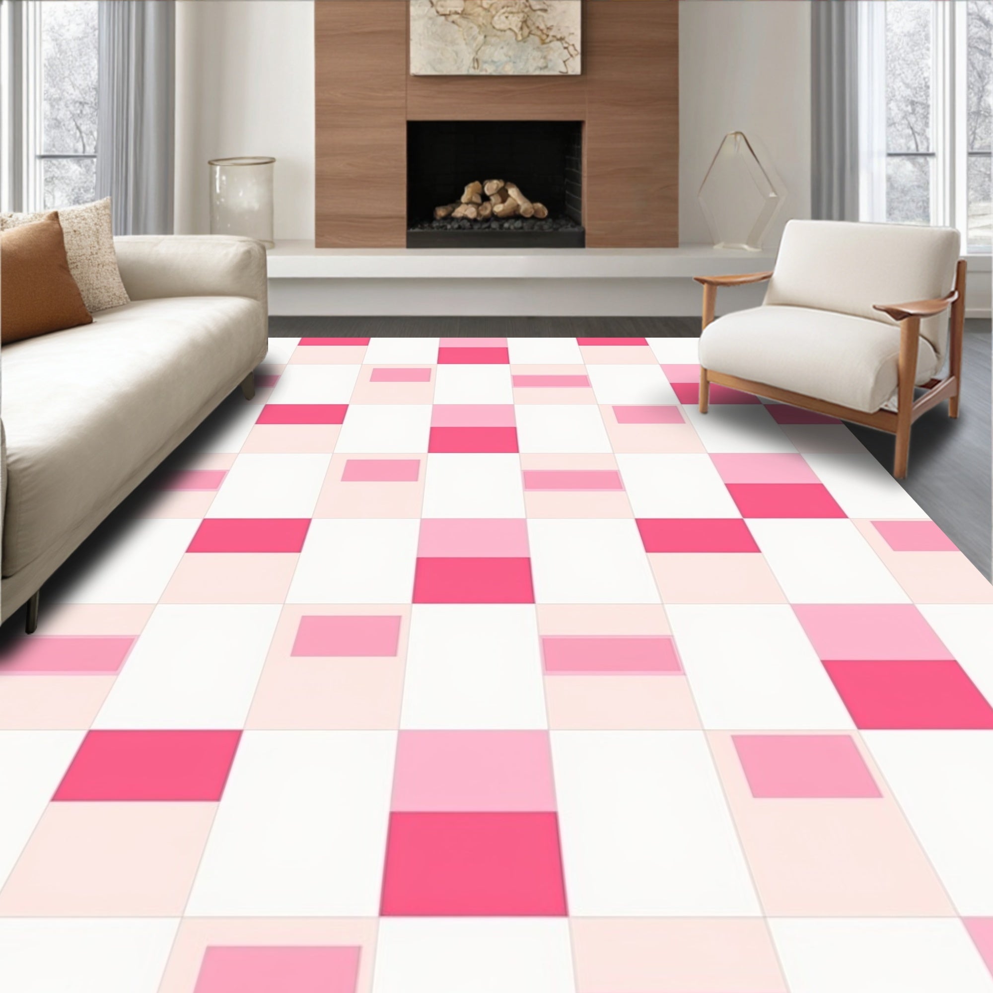 Pink Geometric Grid Pattern Rug