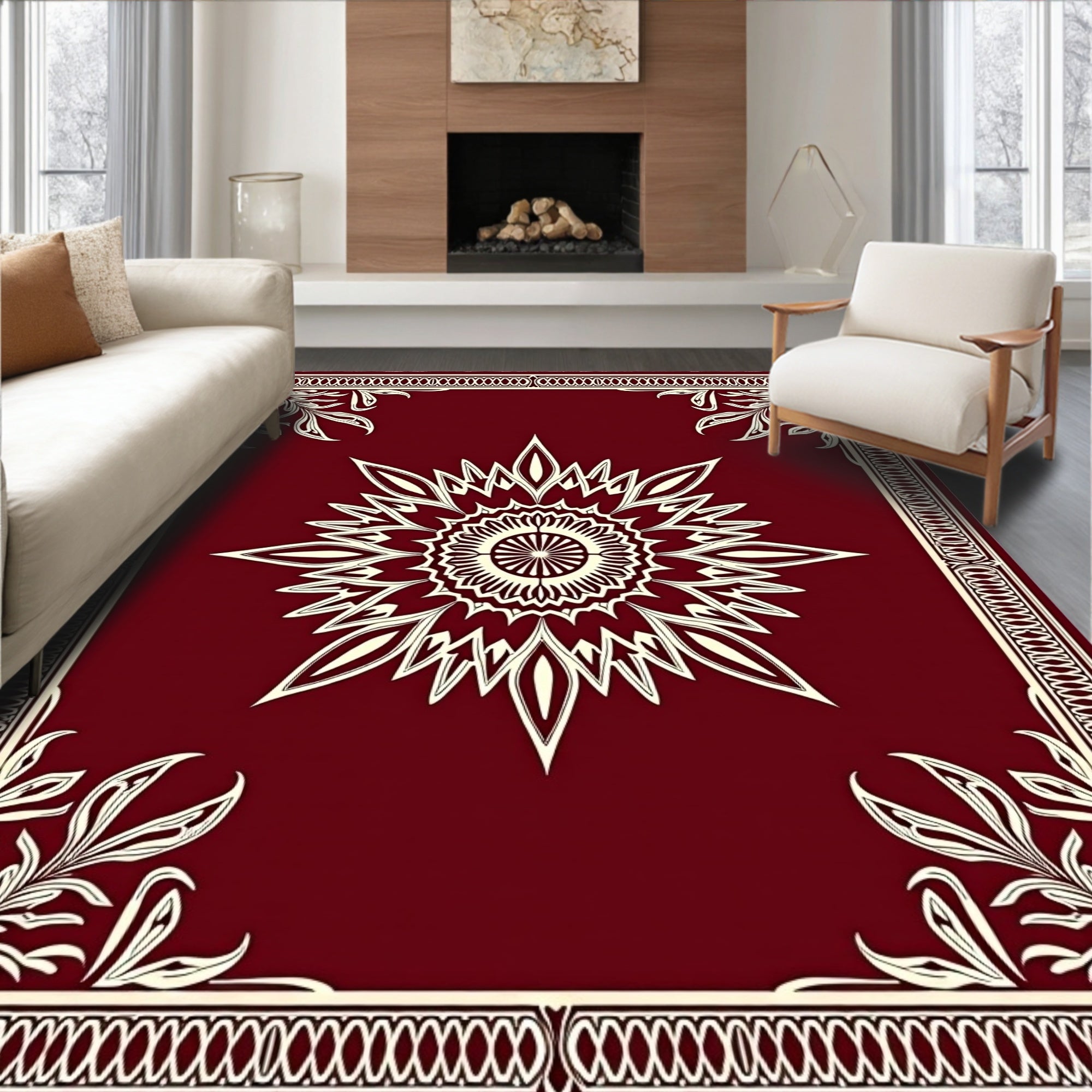 Crimson Floral Medallion Border Design Rug