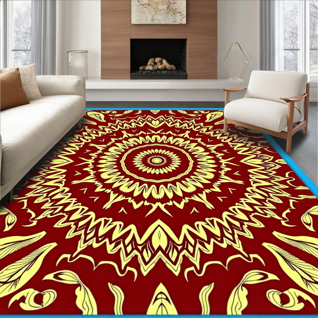 Crimson Yellow Sunburst Mandala Pattern Rug