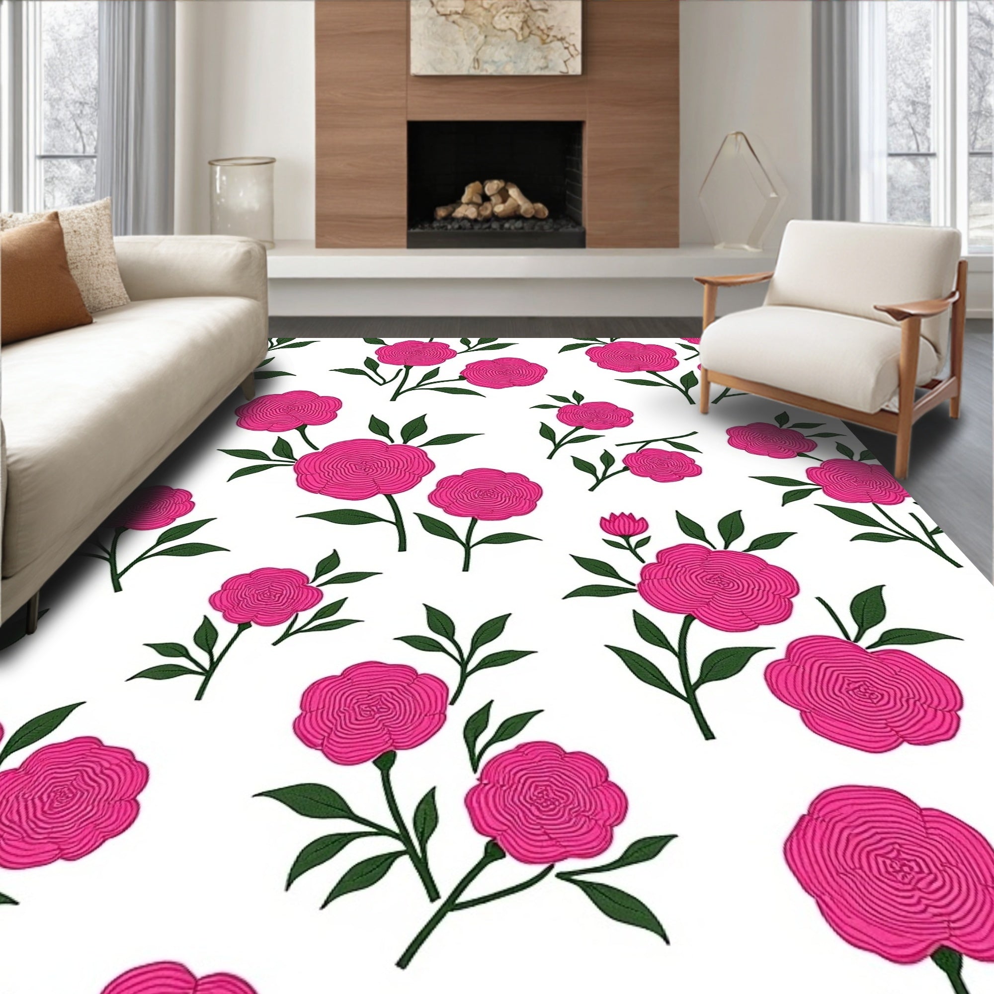 Pink Roses Botanical Pattern Rug