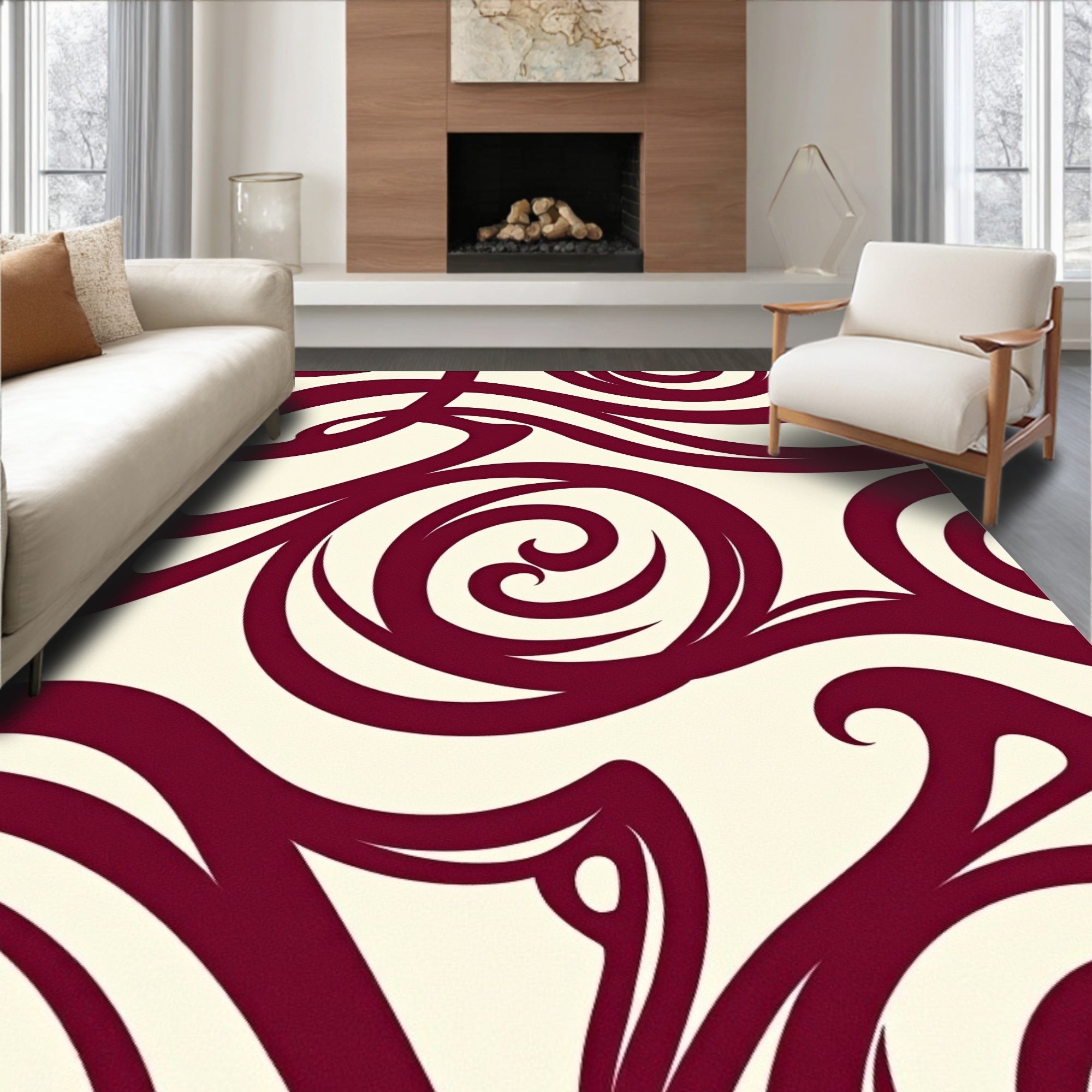 Deep Red Swirls on Cream Canvas Rug