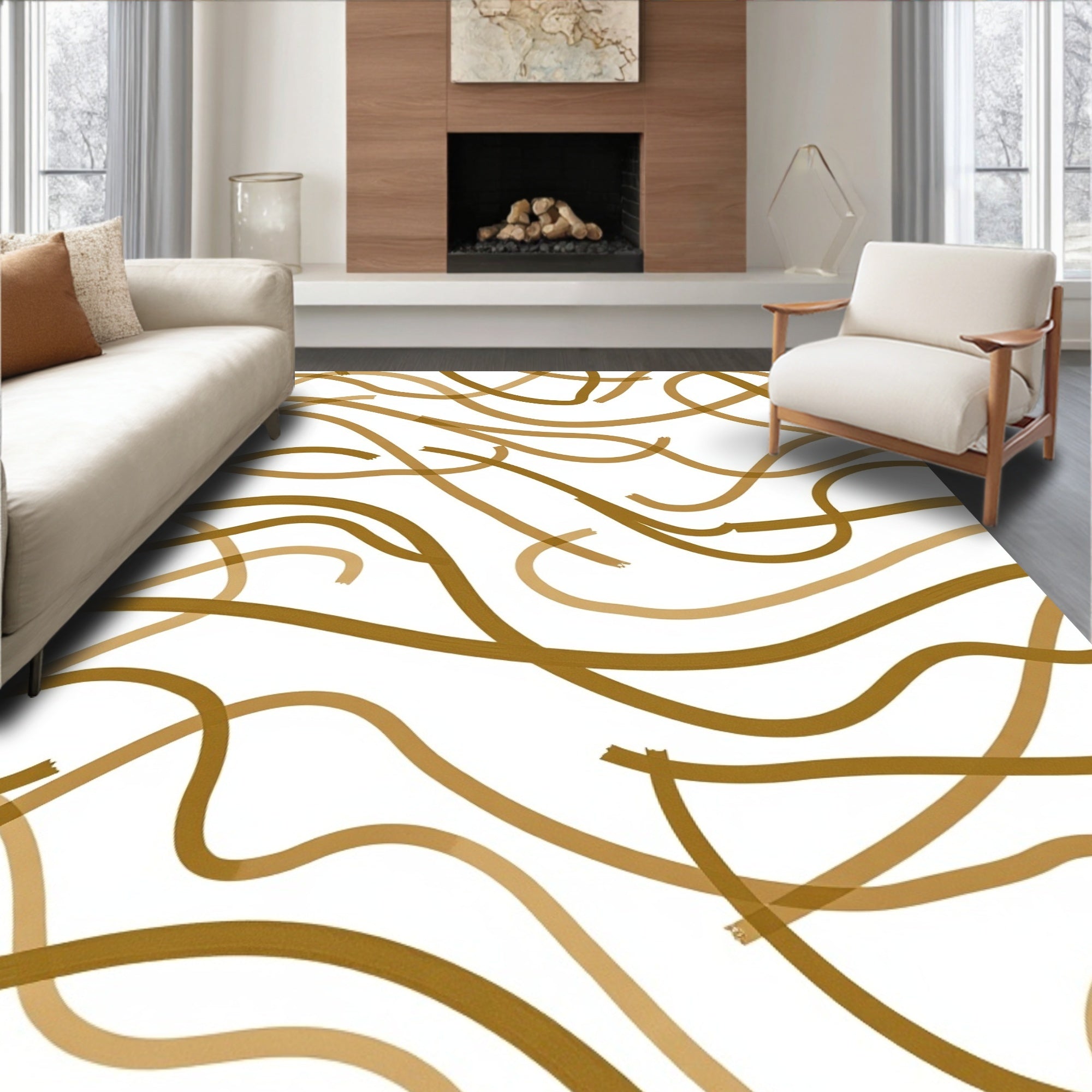 Abstract Swirls Golden Lines Rug