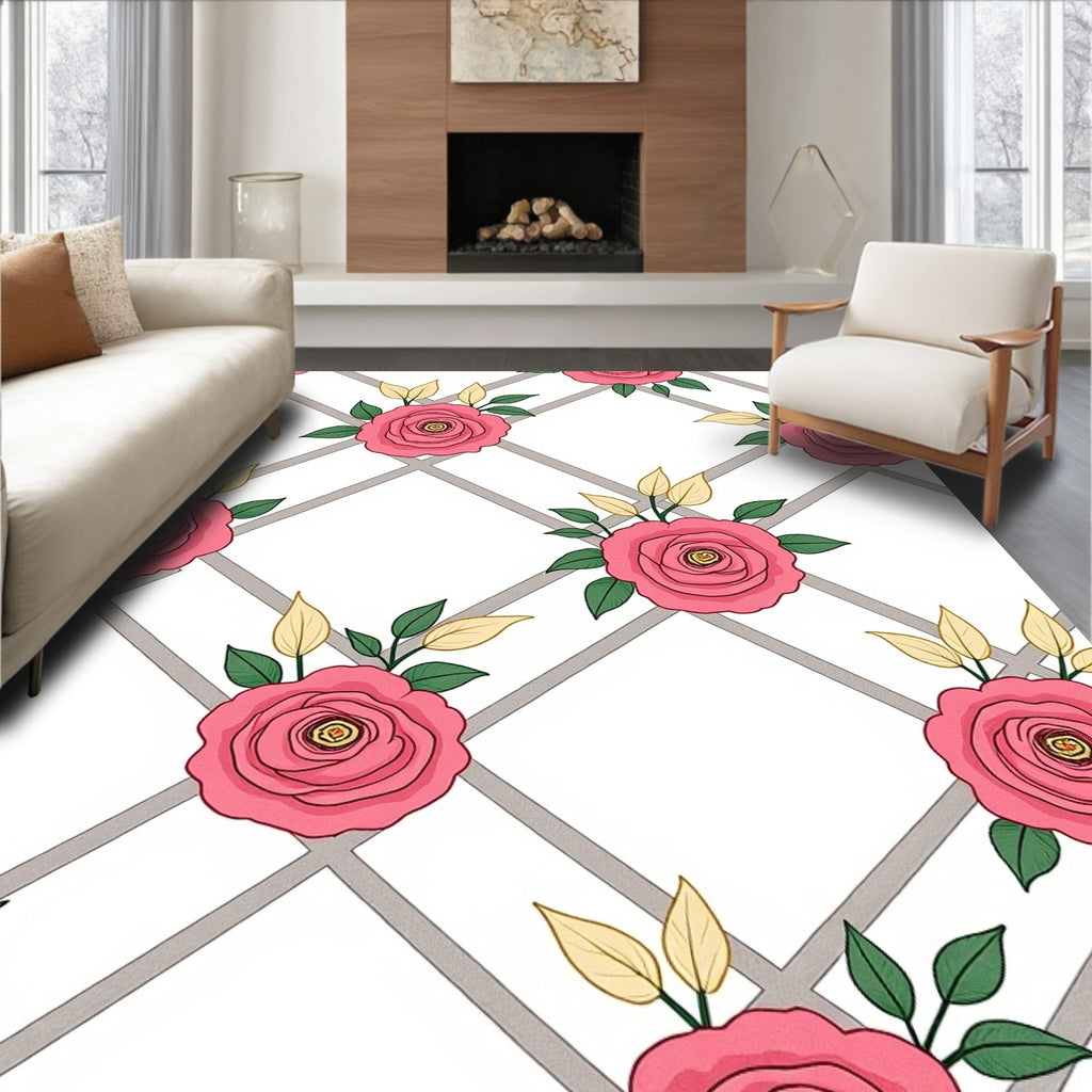 Pink Rose Trellis Pattern Design Rug