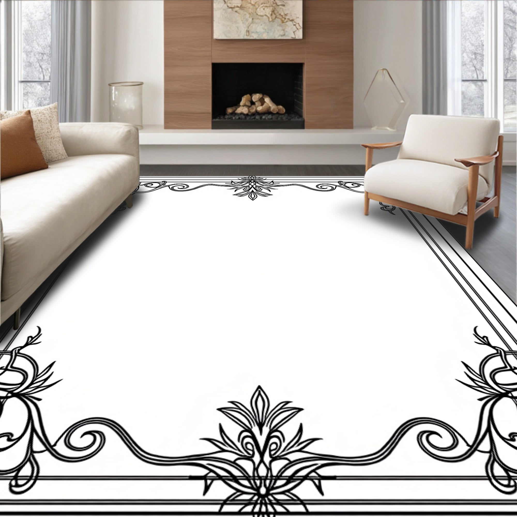 Art Nouveau Black Floral Border Design Rug