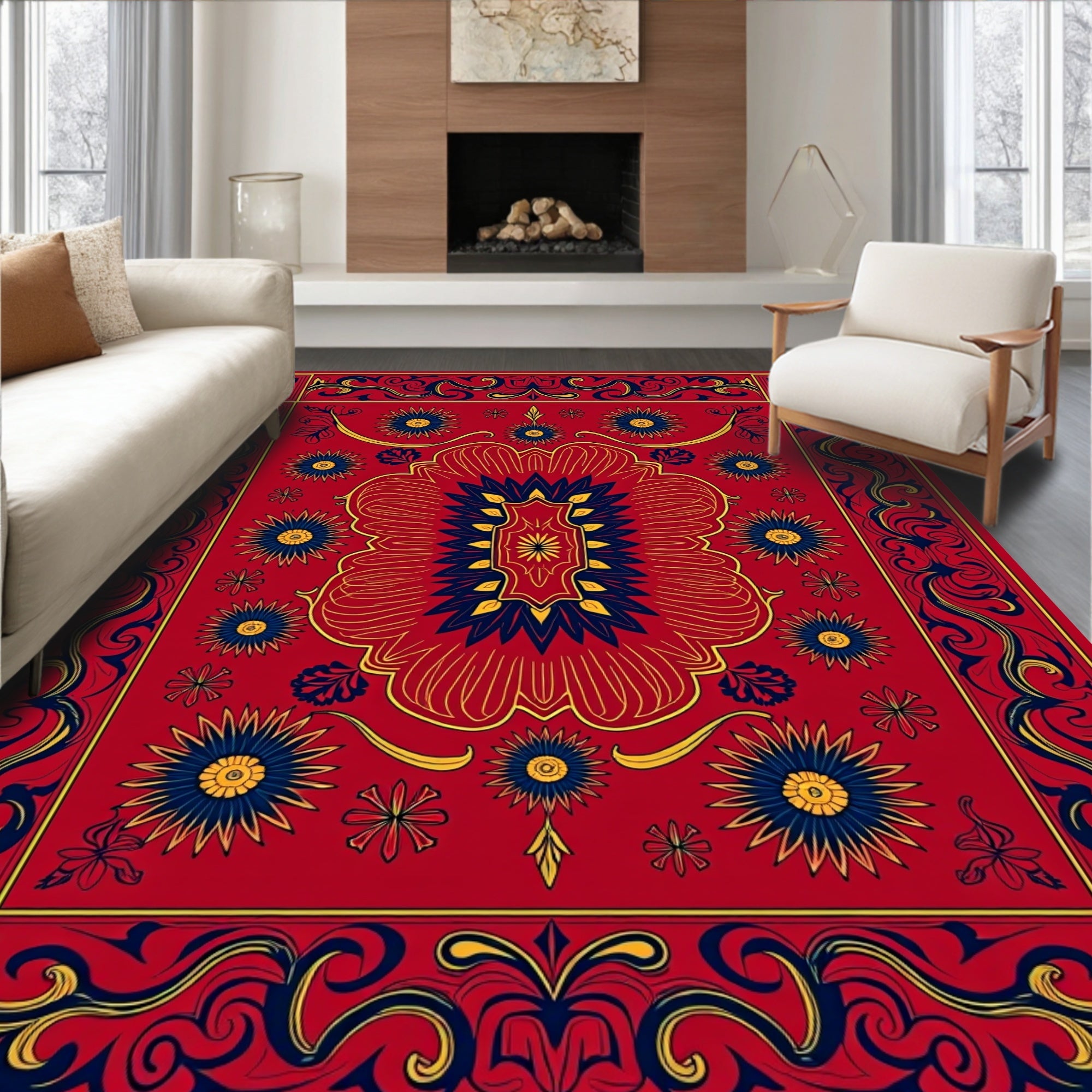 Bold Red Floral Vine Pattern Rug