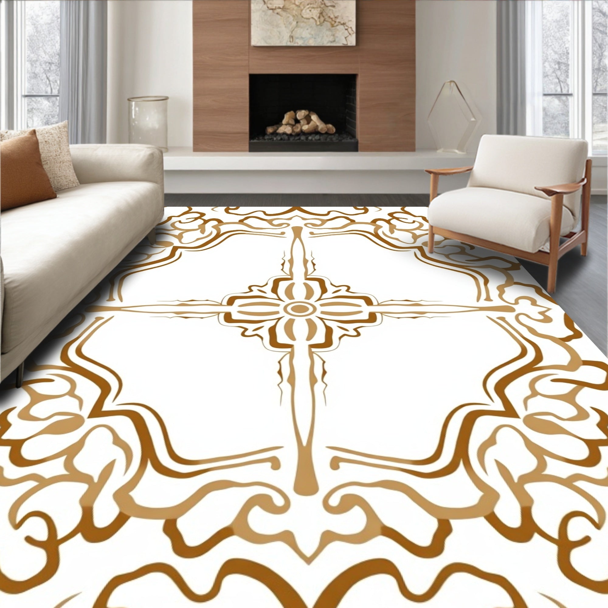 Ornate Floral medallion Design on White Rug