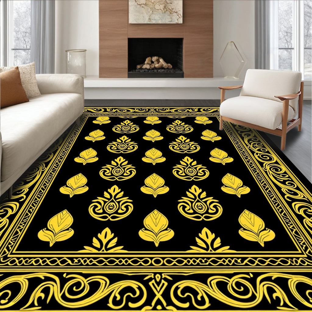 Ornate Gold and Black Paisley Pattern Rug