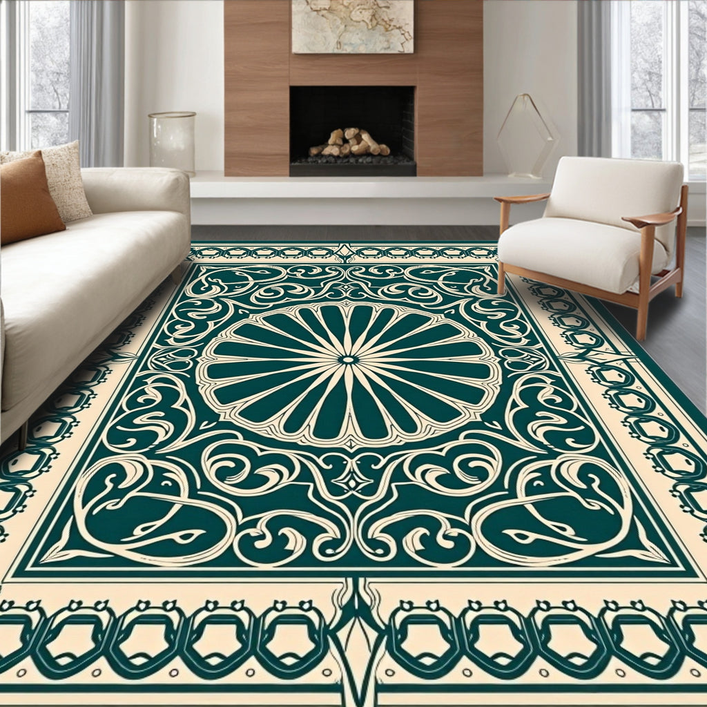 Ornate Floral Centerpiece Detailed Border Rug