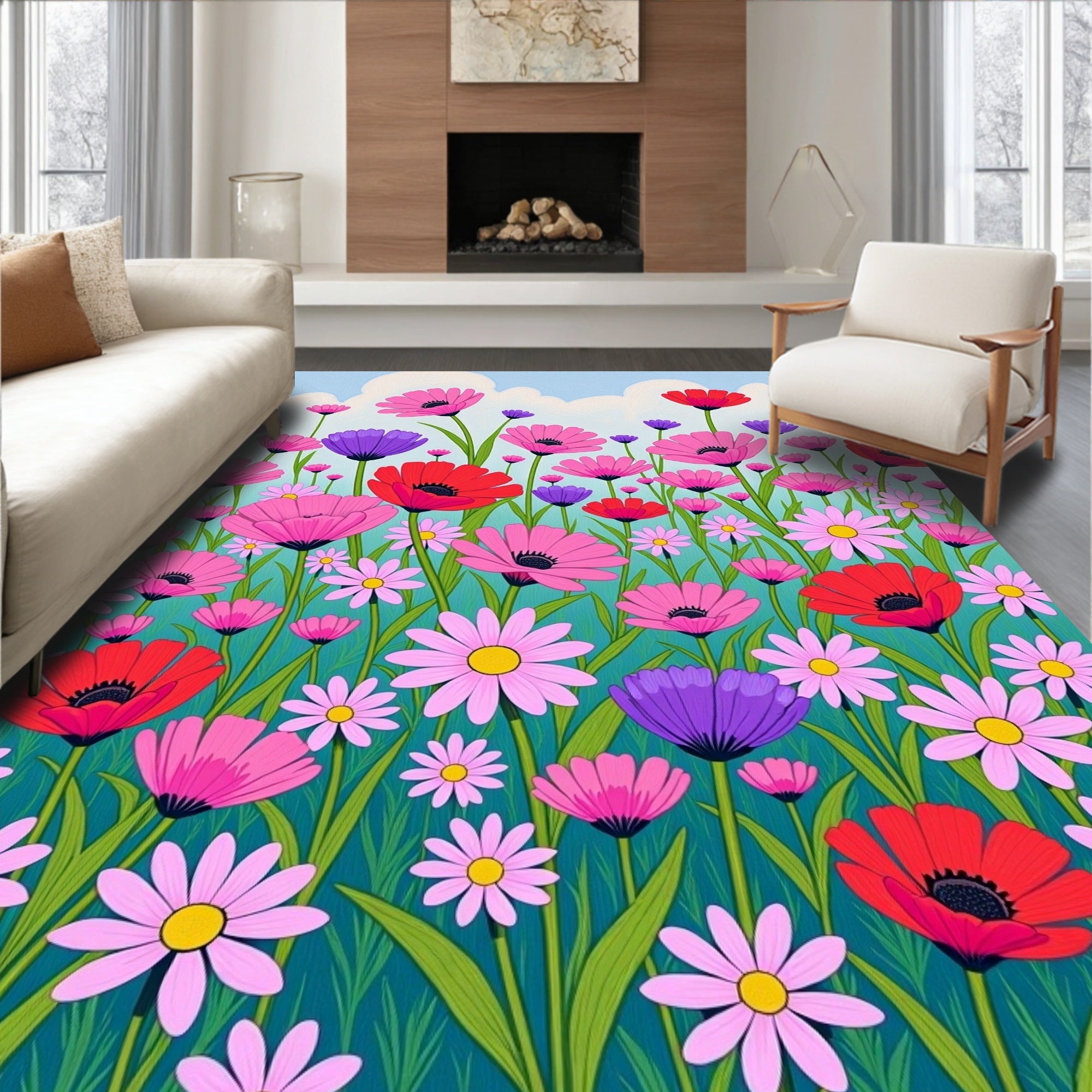 Vibrant Meadow Floral Pattern Rug