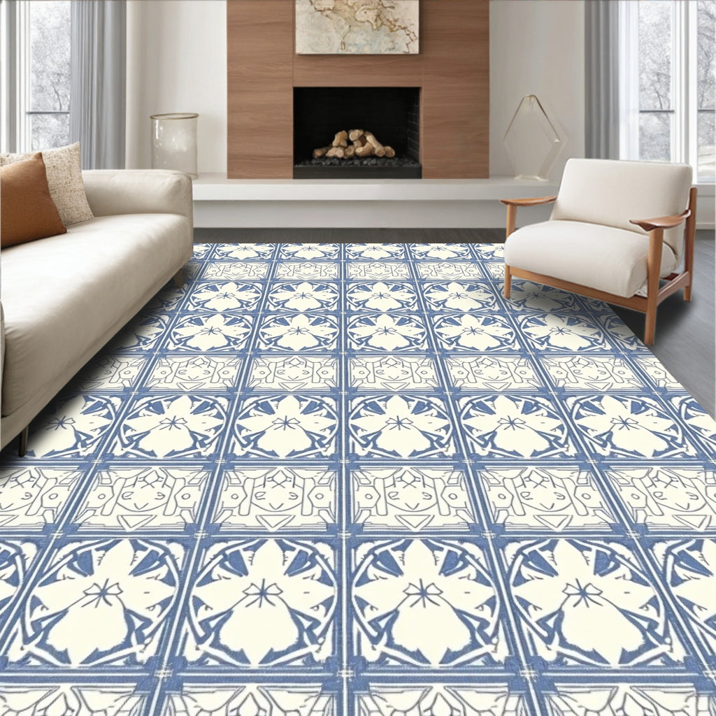 Blue Cream Classic Tile Pattern Rug
