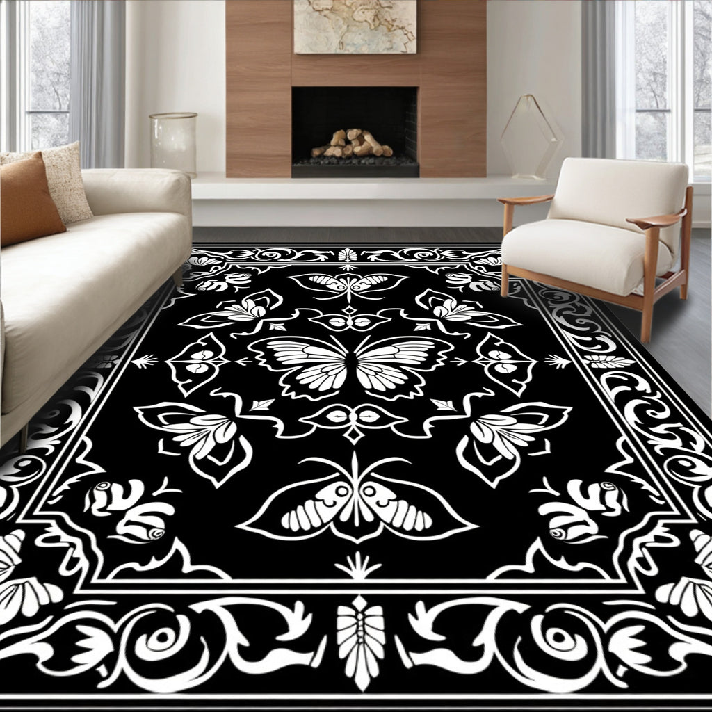 Black White Butterfly Floral Ornament Rug